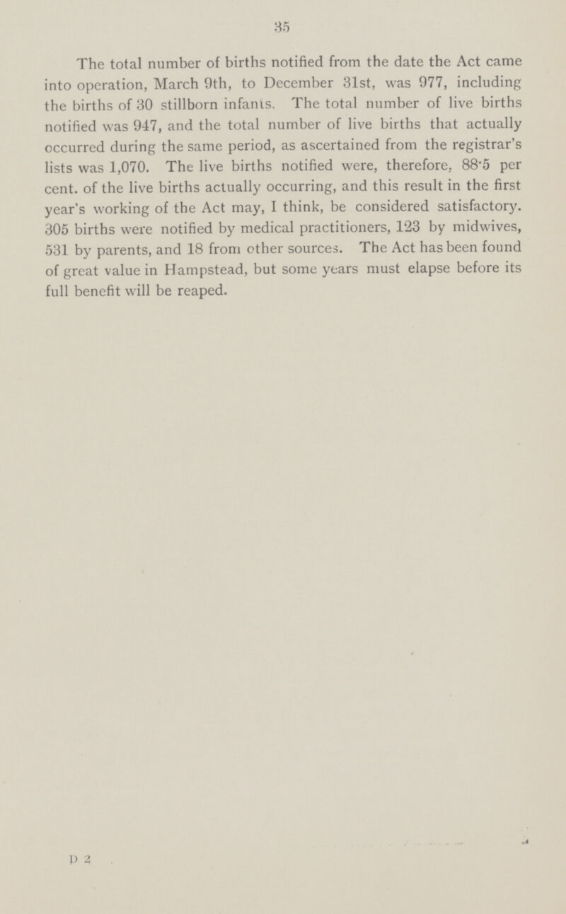 35 The total number of births notified from the date the Act came into operation, March 9th, to December 31st, was 977, including the births of 30 stillborn infants. The total number of live births notified was 947, and the total number of live births that actually occurred during the same period, as ascertained from the registrar's lists was 1,070. The live births notified were, therefore. 88.5 per cent. of the live births actually occurring, and this result in the first year's working of the Act may, I think, be considered satisfactory. 305 births were notified by medical practitioners, 123 by midwives, 531 by parents, and 18 from other sources. The Act has been found of great value in Hampstead, but some years must elapse before its full benefit will be reaped.
