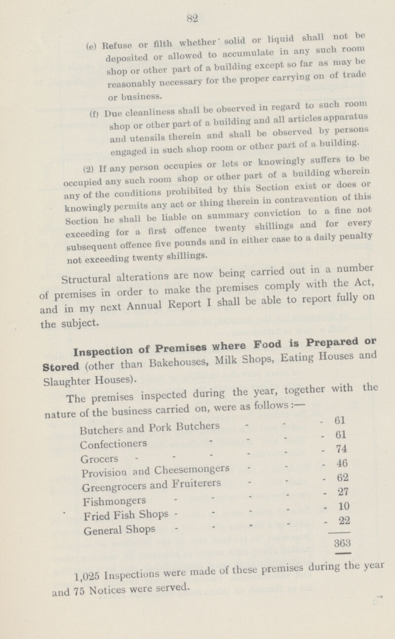 82 (e) Refuse or filth whether solid or liquid shall not be deposited or allowed to accumulate in any such room shop or other part of a building except so far as may be reasonably necessary for the proper carrying on of trade or business. (f) Due cleanliness shall be observed in regard to such room shop or other part of a building and all articles apparatus and utensils therein and shall be observed by persons engaged in such shop room or other part of a building. (2) If any person occupies or lets or knowingly suffers to be occupied any such room shop or other part of a building wherein any of the conditions prohibited by this Section exist or does or knowingly permits any act or thing therein in contravention of this Section he shall be liable on summary conviction to a fine not exceeding for a first offence twenty shillings and for every subsequent offence five pounds and in either case to a daily penalty not exceeding twenty shillings. Structural alterations are now being carried out in a number of premises in order to make the premises comply with the Act, and in my next Annual Report I shall be able to report fully on the subject. Inspection of Promises where Food is Prepared or Stored (other than Bakehouses, Milk Shops, Eating Houses and Slaughter Houses). The premises inspected during the year, together with the nature of the business carried on, were as follows:— Butchers and Pork Butchers 61 Confectioners 61 Grocers 74 Provision and Cheesemongers 46 Greengrocers and Fruiterers 62 Fishmongers 27 Fried Fish Shops 10 General Shops 22 363 1,025 Inspections were made of these premises during the year and 75 Notices were served.