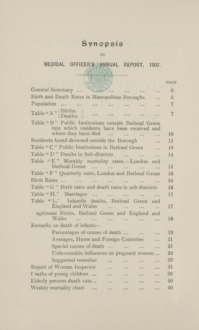 Synopsis OF MEDICAL OFFICER'S ANNUAL REPORT, 1907. General Summary 6 Birth and Death Rates in Metropolitan Boroughs 5 Population 7 Table A Births. 7 Deaths. Table B Public Institutions outside Bethnal Green into which residents have been received and where they have died 10 Residents found drowned outside the Borough 11 Table C Public Institutions in Bethnal Green 13 Table D Deaths in Sub-districts 14 Table E Monthly mortality rates.— London and Bethnal Green 15 Table F Quarterly rates, London and Bethnal Green 16 Birth Rates 16 Table G Birth rates and death rates in sub-districts 16 Table H Marriages 17 Table 1.,' Infantile deaths, Bethnal Green and England and Wales 17 egitimate Births, Bethnal Green and England and Wales 18 Remarks on death of infants— Percentages of causes of death 19 Averages, Home and Foreign Countries 21 Special causes of death 21 Unfavourable influences on pregnant women 23 Suggested remedies 29 Report of Woman Inspector 31 Deaths of young children 39 Elderly persons death rate 40 Weekly mortality chart 40