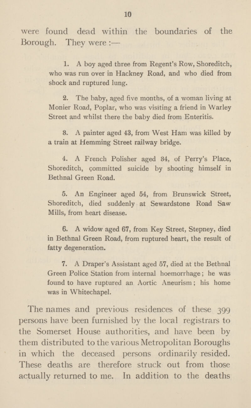 were found dead within the boundaries of the Borough. They were:- 1. A boy aged three from Regent's Row, Shoreditch, who was run over in Hackney Road, and who died from shock and ruptured lung. 2. The baby, aged five months, of a woman living at Monier Road, Poplar, who was visiting a friend in Warley Street and whilst there the baby died from Enteritis. 3. A painter aged 43, from West Ham was killed by a train at Hemming Street railway bridge. 4. A French Polisher aged 34, of Perry's Place, Shoreditch, committed suicide by shooting himself in Bethnal Green Road. 5. An Engineer aged 54, from Brunswick Street, Shoreditch, died suddenly at Sewardstone Road Saw Mills, from heart disease. 6. A widow aged 67, from Key Street, Stepney, died in Bethnal Green Road, from ruptured heart, the result of fatty degeneration. 7. A Draper's Assistant aged 57, died at the Bethnal Green Police Station from internal hoemorrhage; he was found to have ruptured an Aortic Aneurism; his home was in Whitechapel. The names and previous residences of these 399 persons have been furnished by the local registrars to the Somerset House authorities, and have been by them distributed to the various Metropolitan Boroughs in which the deceased persons ordinarily resided. These deaths are therefore struck out from those actually returned to me. In addition to the deaths