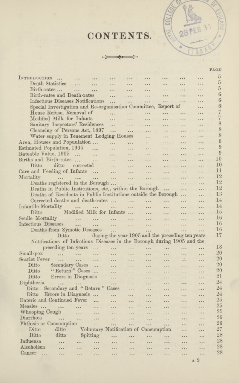 CONTENTS. page Introduction 5 Death Statistics 5 Birth-rates 5 Birth-rates and Death-rates 6 Infectious Diseases Notifications 6 Special Investigation and Re-organisation Committee, Report of 6 House Refuse, Removal of 7 Modified Milk for Infants 7 Sanitary Inspectors' Residences 8 Cleansing of Persons Act, 1897 8 Water supply in Tenement Lodging Houses 8 Area, Houses and Popuulation 8 Estimated Population, 1905 9 Rateable Value, 1905 9 Births and Birth-rates 10 Ditto ditto corrected 10 Care and Feeding of Infants 11 Mortality 12 Deaths registered in the Borough 12 Deaths in Public Institutions, etc., within the Borough 12 Deaths of Residents in Public Institutions outside the Borough 13 Corrected deaths and death-rates 14 Infantile Mortality 14 Ditto Modified Milk for Infants 15 Senile Mortality 16 Infectious Diseases 16 Deaths from Zymotic Diseases 16 Ditto during the year 1905 and the preceding ten years 17 Notifications of Infectious Diseases in the Borough during 1905 and the preceding ten years 18 Small-pox 20 Scarlet Fever 20 Ditto Secondary Cases 20 Ditto Return Cases 20 Ditto Errors in Diagnosis 21 Diphtheria 24 Ditto Secondary and Return Cases 24 Ditto Errors in Diagnosis 24 Enteric and Continued Fever 25 Measles 25 Whooping Cough 25 Diarrhoea 26 Phthisis or Consumption 26 Ditto ditto Voluntary Notification of Consumption 27 Ditto ditto Spitting 28 Influenza 28 Alcoholism 28 Cancer 28 A 2