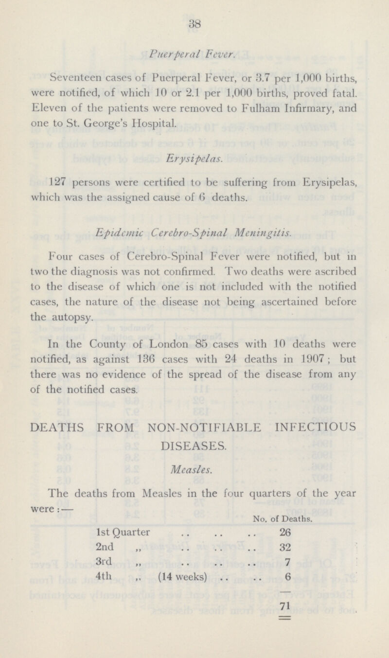 38 Puerperal Fever. Seventeen cases of Puerperal Fever, or 3.7 per 1,000 births, were notified, of which 10 or 2.1 per 1,000 births, proved fatal. Eleven of the patients were removed to Fulham Infirmary, and one to St. George's Hospital. Erysipelas. 127 persons were certified to be suffering from Erysipelas, which was the assigned cause of 6 deaths. Epidcmic Cerebro-Spinal Meningitis. Four cases of Cerebro-Spinal Fever were notified, but in two the diagnosis was not confirmed. Two deaths were ascribed to the disease of which one is not included with the notified cases, the nature of the disease not being ascertained before the autopsy. In the County of London 85 cases with 10 deaths were notified, as against 136 cases with 24 deaths in 1907; but there was no evidence of the spread of the disease from any of the notified cases. DEATHS FROM NON-NOTIFIABLE INFECTIOUS DISEASES. Measles. The deaths from Measles in the four quarters of the year were:— No. of Deaths. 1st Quarter 26 2nd ,, 32 3rd „ 7 4th ,, (14 weeks) 6 71