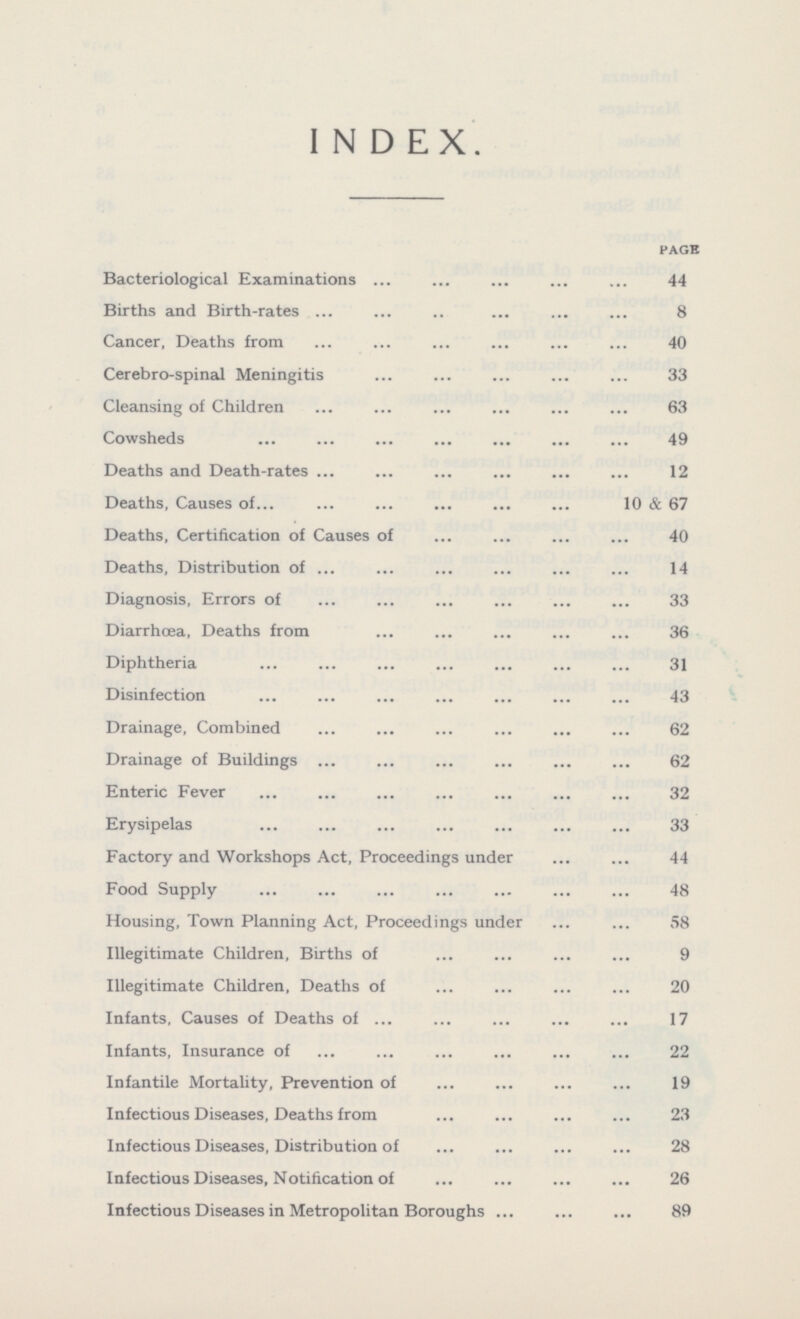 INDEX. PAGE Bacteriological Examinations 44 Births and Birth-rates 8 Cancer, Deaths from 40 Cerebro-spinal Meningitis 33 Cleansing of Children 63 Cowsheds 49 Deaths and Death-rates 12 Deaths, Causes of 10 & 67 Deaths, Certification of Causes of 40 Deaths, Distribution of 14 Diagnosis, Errors of 33 Diarrhœa, Deaths from 36 Diphtheria 31 Disinfection 43 Drainage, Combined 62 Drainage of Buildings 62 Enteric Fever 32 Erysipelas 33 Factory and Workshops Act, Proceedings under 44 Food Supply 48 Housing, Town Planning Act, Proceedings under 58 Illegitimate Children, Births of 9 Illegitimate Children, Deaths of 20 Infants, Causes of Deaths of 17 Infants, Insurance of 22 Infantile Mortality, Prevention of 19 Infectious Diseases, Deaths from 23 Infectious Diseases, Distribution of 28 Infectious Diseases, Notification of 26 Infectious Diseases in Metropolitan Boroughs 89