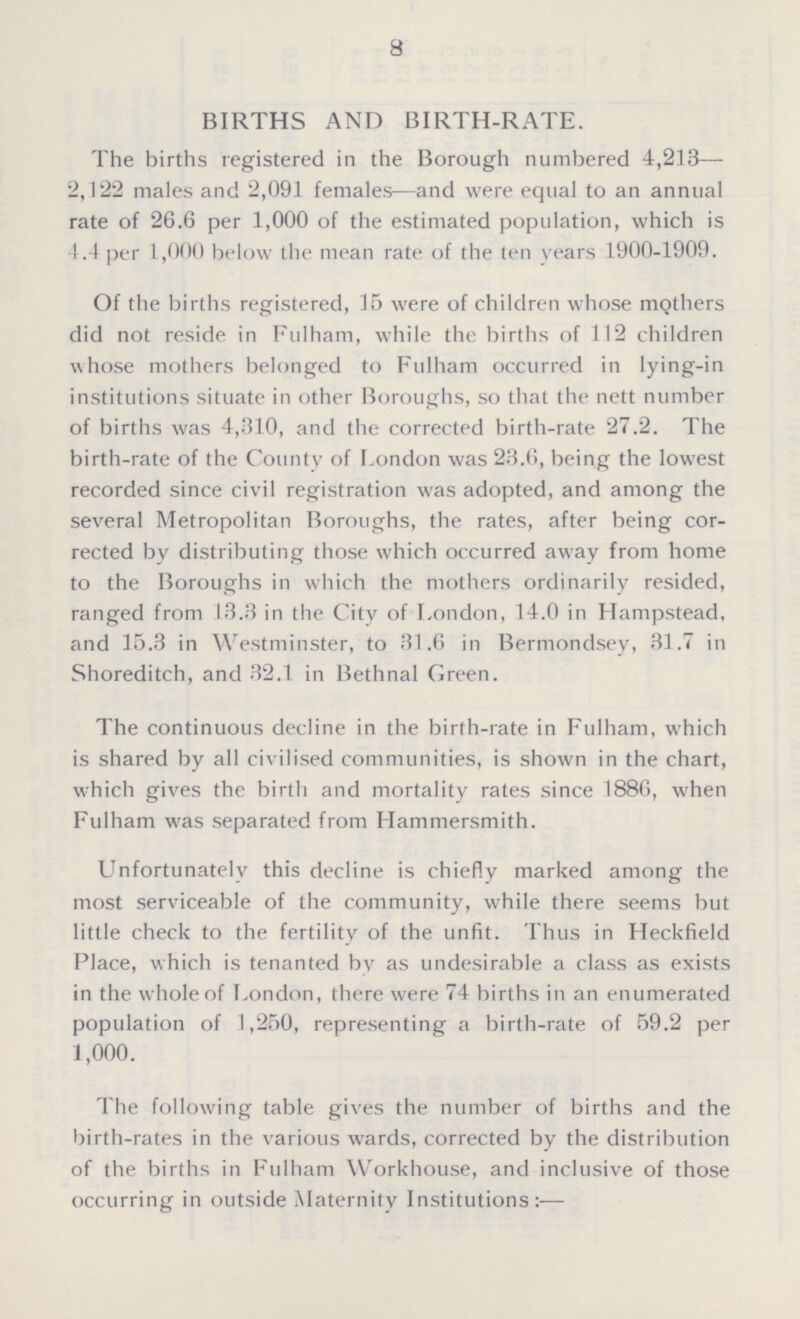 8 BIRTHS AND BIRTH-RATE. The births registered in the Borough numbered 4,213— 2,122 males and 2,091 females—and were equal to an annual rate of 26.6 per 1,000 of the estimated population, which is 4.4 per 1,000 below the mean rate of the ten years 1900-1909. Of the births registered, 15 were of children whose mothers did not reside in Fulham, while the births of 112 children whose mothers belonged to Fulham occurred in lying-in institutions situate in other Boroughs, so that the nett number of births was 4,310, and the corrected birth-rate 27.2. The birth-rate of the County of London was 23.6, being the lowest recorded since civil registration was adopted, and among the several Metropolitan Boroughs, the rates, after being cor rected by distributing those which occurred away from home to the Boroughs in which the mothers ordinarily resided, ranged from 13.3 in the City of London, 14.0 in Hampstead, and 15.3 in Westminster, to 31.6 in Bermondsey, 31.7 in Shoreditch, and 32.1 in Bethnal Green. The continuous decline in the birth-rate in Fulham, which is shared by all civilised communities, is shown in the chart, which gives the birth and mortality rates since 1886, when Fulham was separated from Hammersmith. Unfortunately this decline is chiefly marked among the most serviceable of the community, while there seems but little check to the fertility of the unfit. Thus in Heckfield Place, which is tenanted by as undesirable a class as exists in the whole of London, there were 74 births in an enumerated population of 1,250, representing a birth-rate of 59.2 per 1,000. The following table gives the number of births and the birth-rates in the various wards, corrected by the distribution of the births in Fulham Workhouse, and inclusive of those occurring in outside Maternity Institutions:—