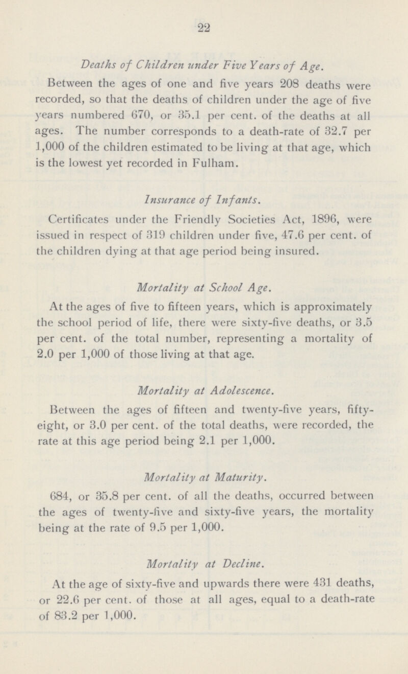 22 Deaths of Children under Five Years of Age. Between the ages of one and five years 208 deaths were recorded, so that the deaths of children under the age of five years numbered 670, or 35.1 per cent, of the deaths at all ages. The number corresponds to a death-rate of 32.7 per 1,000 of the children estimated to be living at that age, which is the lowest yet recorded in Fulham. Insurance of Infants. Certificates under the Friendly Societies Act, 1896, were issued in respect of 319 children under five, 47.6 per cent, of the children dying at that age period being insured. Mortality at School Age. At the ages of five to fifteen years, which is approximately the school period of life, there were sixty-five deaths, or 3.5 per cent, of the total number, representing a mortality of 2.0 per 1,000 of those living at that age. Mortality at Adolescence. Between the ages of fifteen and twenty-five years, fifty eight, or 3.0 per cent, of the total deaths, were recorded, the rate at this age period being 2.1 per 1,000. Mortality at Maturity. 684, or 35.8 per cent, of all the deaths, occurred between the ages of twenty-five and sixty-five years, the mortality being at the rate of 9.5 per 1,000. Mortality at Decline. At the age of sixty-five and upwards there were 431 deaths, or 22.6 per cent. of those at all ages, equal to a death-rate of 83.2 per 1,000.