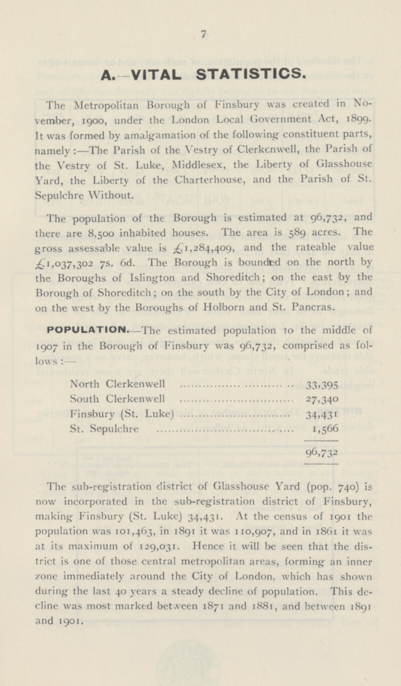 7 A. -VITAL STATISTICS. The Metropolitan Borough of Finsbury was created in No vember, 1900, under the London Local Government Act, 1899. It was formed by amalgamation of the following; constituent parts, namely :—The Parish of the Vestry of Clerkenwell, the Parish of the Vestry of St. Luke, Middlesex, the Liberty of Glasshouse Yard, the Liberty of the Charterhouse, and the Parish of St. Sepulchre Without. The population of the Borough is estimated at 96,732, and there are 8,500 inhabited houses. The area is 589 acres. The gross assessable value is £1,284,409, and the rateable value 1,037,302 7s. 6d. The Borough is bounded on the north by the Boroughs of Islington and Shoreditch; on the east by the Borough of Shoreditch; on the south by the City of London ; and on the west by the Boroughs of Holborn and St. Pancras. POPULATION.—The estimated population to the middle of 1907 in the Borough of Finsbury was 96,732, comprised as fol lows :— North Clerkenwell 33.395 South Clerkenwell 27,340 Finsbury (St. Luke) 34.431 St. Sepulchre 1,566 96,732 The sub-registration district of Glasshouse Yard (pop. 740) is now incorporated in the sub-registration district of Finsbury, making Finsbury (St. Luke) 34,431. At the census of 1901 the population was 101,463, in 1891 it was 110,907, and in 1861 it was at its maximum of 129,031. Hence it will be seen that the dis trict is one of those central metropolitan areas, forming an inner zone immediately around the City of London, which has shown during the last 40 years a steady decline of population. This de cline was most marked between 1871 and 1881, and between 1891 and 1901.