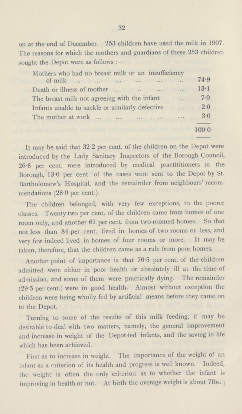 32 on at the end of December. 253 children have used the milk in 1907. The reasons for which the mothers and guardians of these 253 children sought the Depot were as follows:— Mothers who had no breast milk or an insufficiency of milk 74.9 Death or illness of mother 13.1 The breast milk not agreeing with the infant 7.0 Infants unable to suckle or similarly defective 2.0 The mother at work 3.0 100.0 It may be said that 32 2 per cent. of the children on the Depot were introduced by the Lady Sanitary Inspectors of the Borough Council, 26 8 per cent. were introduced by medical practititioners in the Borough, 13.0 per cent. of the cases were sent to the Depot by St. Bartholomew's Hospital, and the remainder from neighbours' recom mendations (28 0 per cent.). The children belonged, with very few exceptions, to the poorer classes. Twenty-two per cent. of the children came from homes of one room only, and another 61 percent. from two-roomed homes. So that not less than 84 per cent. lived in homes of two rooms or less, and very few indeed lived in homes of four rooms or more. It may be taken, therefore, that the children came as a rule from poor homes. Another point of importance is that 70.5 per cent. of the children admitted were either in poor health or absolutely ill at the time of admission, and some of them were practically dying. The remainder (29.5 per cent.) were in good health. Almost without exception the children were being wholly fed by artificial means before they came on to the Depot. Turning to some of the results of this milk feeding, it may be desirable to deal with two matters, namely, the general improvement and increase in weight of the Depot-fed infants, and the saving in life which has been achieved. First as to increase in weight. The importance of the weight of an infant as a criterion of its health and progress is well known. Indeed, the weight is often the only criterion as to whether the infant is improving in health or not. At birth the average weight is about 71bs.;