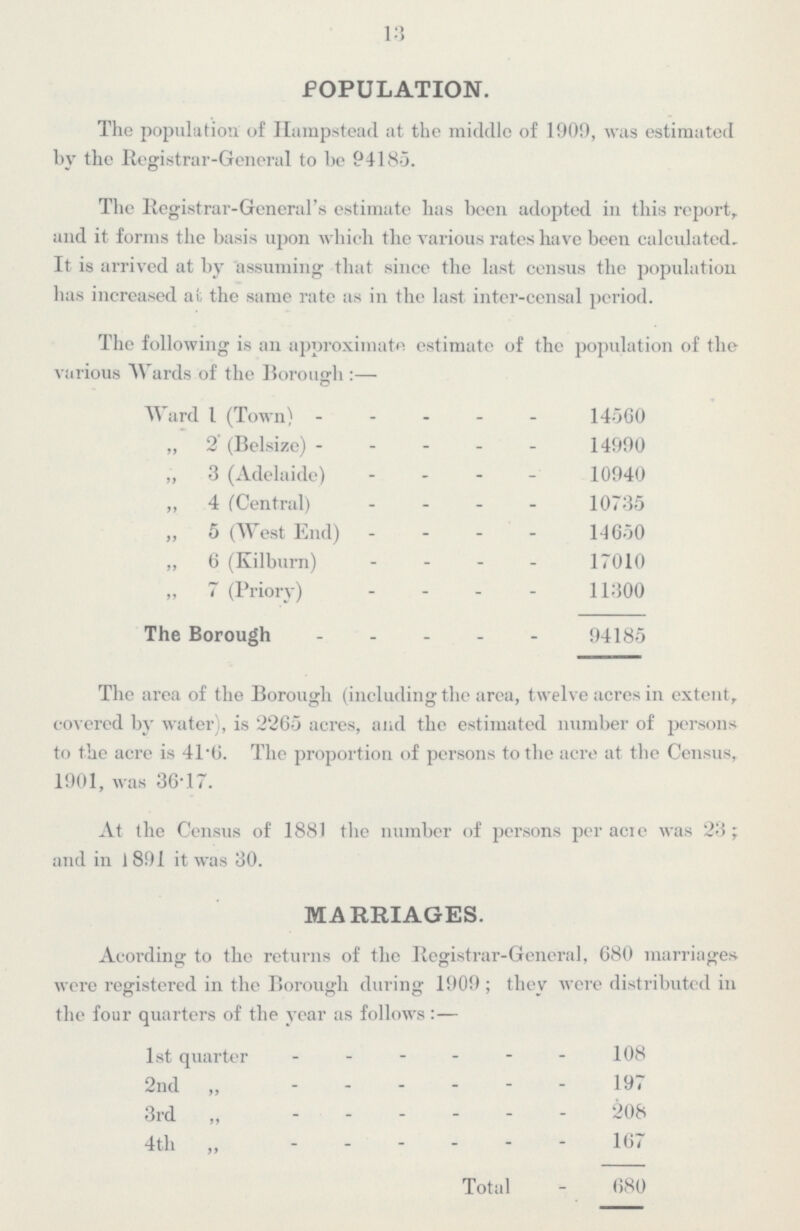 13 POPULATION. The population of Hampstead at the middle of 1909, was estimated by the Registrar-General to he 94185. The Registrar-General's estimate has been adopted in this report, and it forms the basis upon which the various rates have been calculated. It is arrived at by assuming that since the last census the population has increased at the same rate as in the last inter-censal period. The following is an approximate estimate of the population of the various Wards of the Borough:— Ward 1 (Town) 14560 „ 2 (Belsize) 14990 „ 3 (Adelaide) 10940 „ 4 (Central) 10735 „ 5 (West End) 14650 „ 6 (Kilburn) 17010 „ 7 (Priory) 11300 The Borough 94185 The area of the Borough (including the area, twelve acres in extent, covered by water), is 2265 acres, and the estimated number of persons to the acre is 41.6. The proportion of persons to the acre at the Census, 1901, was 36.17. At the Census of 1881 the number of persons per acre was 23; and in 1891 it was 30. MARRIAGES. Acording to the returns of the Registrar-General, 680 marriages were registered in the Borough during 1909 ; they were distributed in the four quarters of the year as follows:— 1st quarter 108 2nd „ 197 3rd „ 208 4th „ 167 Total 680