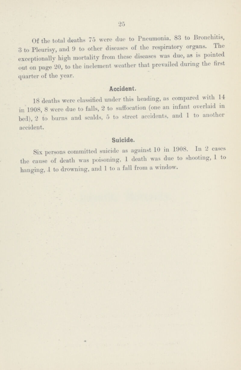 25 Of the total deaths 75 were clue to Pneumonia, 83 to Bronchitis, 3 to Pleurisy, and 9 to other diseases of the respiratory organs. The exceptionally high mortality from these diseases was due, as is pointed out on page 20, to the inclement weather that prevailed during the first quarter of the year. Accident. 18 deaths were classified under this heading, as compared with 14 in 1908, 8 were due to falls, 2 to suffocation (one an infant overlaid in bed), 2 to burns and scalds, 5 to street accidents, and 1 to another accident. Suicide. Six persons committed suicide as against 10 in 1908. In 2 cases the cause of death was poisoning, 1 death was due to shooting, 1 to hanging, 1 to drowning, and 1 to a fall from a window.