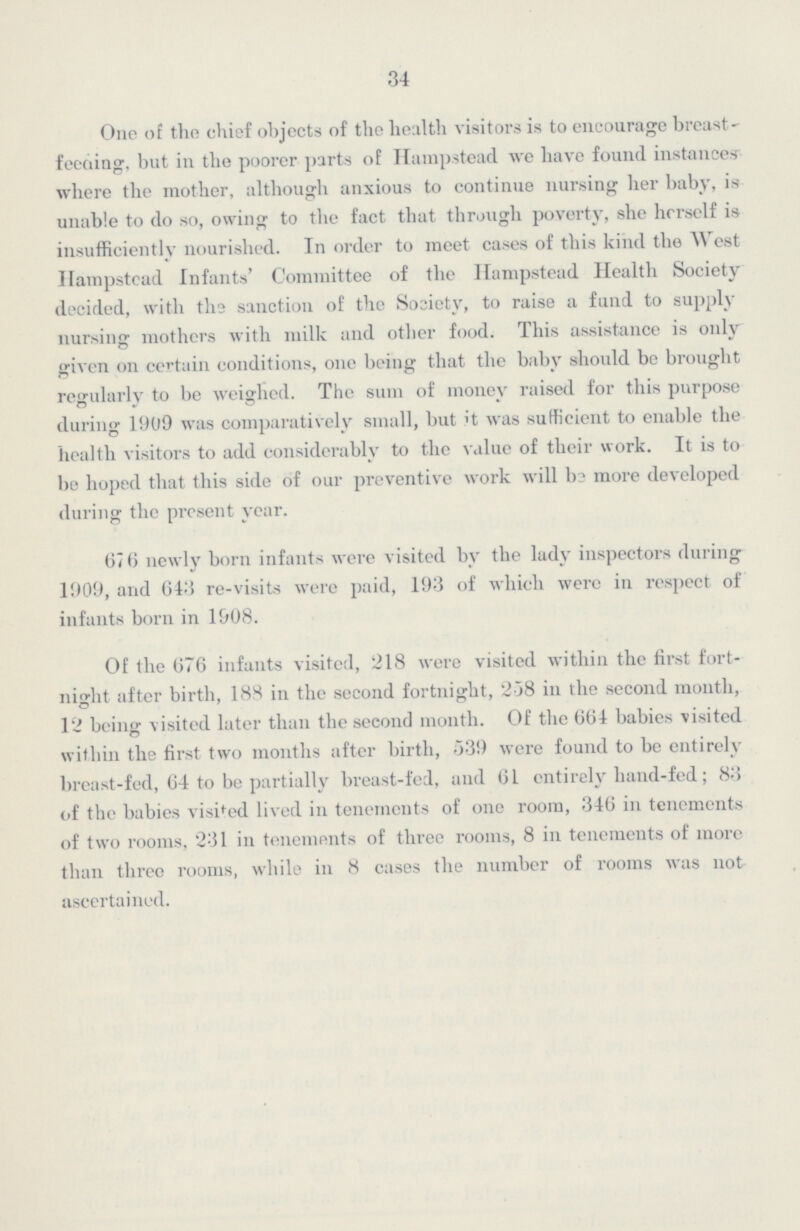 34 One of the chief objects of the health visitors is to encourage breast feeding, but in the poorer parts of Hampstead we have found instances where the mother, although anxious to continue nursing her baby, is unable to do so, owing to the fact that through poverty, she herself is insufficiently nourished. In order to meet cases of this kind the West Hampstead Infants' Committee of the Hampstead Health Society decided, with the sanction of the Society, to raise a fund to supply nursing mothers with milk and other food. This assistance is only given on certain conditions, one being that the baby should bo brought regularly to be weighed. The sum of money raised for this purpose during 1909 was comparatively small, but it was sufficient to enable the health visitors to add considerably to the value of their work. It is to be hoped that this side of our preventive work will be more developed during the present year. 676 newly born infants were visited by the lady inspectors during 1909, and 643 re-visits were paid, 193 of which were in respect of infants born in 1908. Of the 676 infants visited, 218 were visited within the first fort night after birth, 188 in the second fortnight, 258 in the second month, 12 being visited later than the second month. Of the 664 babies visited within the first two months after birth, 539 were found to be entirely breast-fed, 64 to be partially breast-fed, and 61 entirely hand-fed; 83 of the babies visited lived in tenements of one room, 346 in tenements of two rooms, 231 in tenements of three rooms, 8 in tenements of more than three rooms, while in 8 cases the number of rooms was not ascertained.