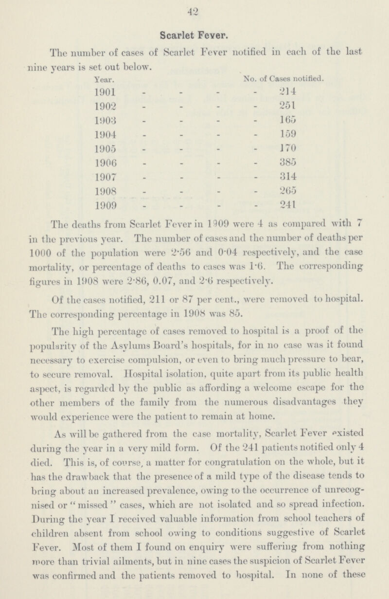 42 Scarlet Fever. The number of cases of Scarlet Fever notified in each of the last nine 3'ears is set out below. Year. No. of Cases notified. 1901 214 1902 251 1903 165 1904 159 1905 170 1906 385 1907 314 1908 265 1909 241 The deaths from Scarlet Fever in 1909 were 4 as compared with 7 in the previous year. The number of cases and the number of deaths per 1000 of the population were 2.56 and 0.04 respectively, and the case mortality, or percentage of deaths to cases was 1.6. The corresponding figures in 1908 were 2.86, 0.07, and 2.6 respectively. Of the cases notified, 211 or 87 per cent., were removed to hospital. The corresponding percentage in 190ft was 85. The high percentage of cases removed to hospital is a proof of the popularity of the Asylums Board's hospitals, for in no case was it found necessary to exercise compulsion, or even to bring much pressure to bear, to secure removal. Hospital isolation, quite apart from its public health aspect, is regarded by the public as affording a welcome escape for the other members of the family from the numerous disadvantages they would experience were the patient to remain at home. As will be gathered from the case mortality, Scarlet Fever existed during the year in a very mild form. Of the 241 patients notified only 4 died. This is, of course, a matter for congratulation on the whole, but it has the drawback that the presence of a mild type of the disease tends to bring about an increased prevalence, owing to the occurrence of unrecog nised or missed cases, which are not isolated and so spread infection. During the year I received valuable information from school teachers of children absent from school owing to conditions suggestive of Scarlet Fever. Most of them I found on enquiry were suffering from nothing more than trivial ailments, but in nine cases the suspicion of Scarlet Fever was confirmed and the patients removed to hospital. In none of these