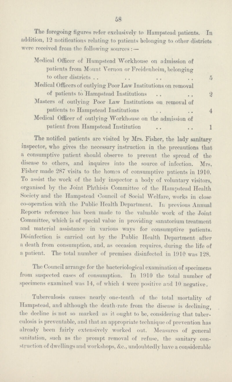 58 The foregoing figures refer exclusively to Hampstead patients. In addition, 12 notifications relating to patients belonging to other districts were received from the following sources: — Medical Officer of Hampstead Workhouse on admission of patients from Mount Vernon or Freidenheim, belonging to other districts 5 Medical Officers of outlying Poor Law Institutions on removal of patients to Hampstead Institutions 2 Masters of outlying Poor Law Institutions on removal of patients to Hampstead Institutions 4 Medical Officer of outlying Workhouse on the admission of patient from Hampstead Institution 1 The notified patients are visited by Mrs. Fisher, the lady sanitary inspector, who gives the necessary instruction in the precautions that a consumptive patient should observe to prevent the spread of the disease to others, and inquires into the source of infection. Mrs. Fisher made 287 visits to the homes of consumptive patients in 1910. To assist the work of the lady inspector a body of voluntary visitors, organised by the Joint Phthisis Committee of the Hampstead Health Society and the Hampstead Council of Social Welfare, works in close co-operation with the Public Health Department. In previous Annual Reports reference has been made to the valuable work of the Joint Committee, which is of special value in providing sanatorium treatment and material assistance in various ways for consumptive patients. Disinfection is carried out by the Public Health Department after a death from consumption, and, as occasion requires, during the life of a patient. The total number of premises disinfected in 1910 was 128. The Council arrange for the bacteriological examination of specimens from suspected cases of consumption. In 1910 the total number of specimens examined was 14, of which 4 were positive and 10 negative. Tuberculosis causes nearly one-tenth of the total mortality of Hampstead, and although the death-rate from the disease is declining the decline is not so marked as it ought to be, considering that tuber culosis is preventable, and that an appropriate technique of prevention has already been fairly extensively worked out. Measures of general sanitation, such as the prompt removal of refuse, the sanitary con struction of dwellings and workshops, &c., undoubtedly have a considerable