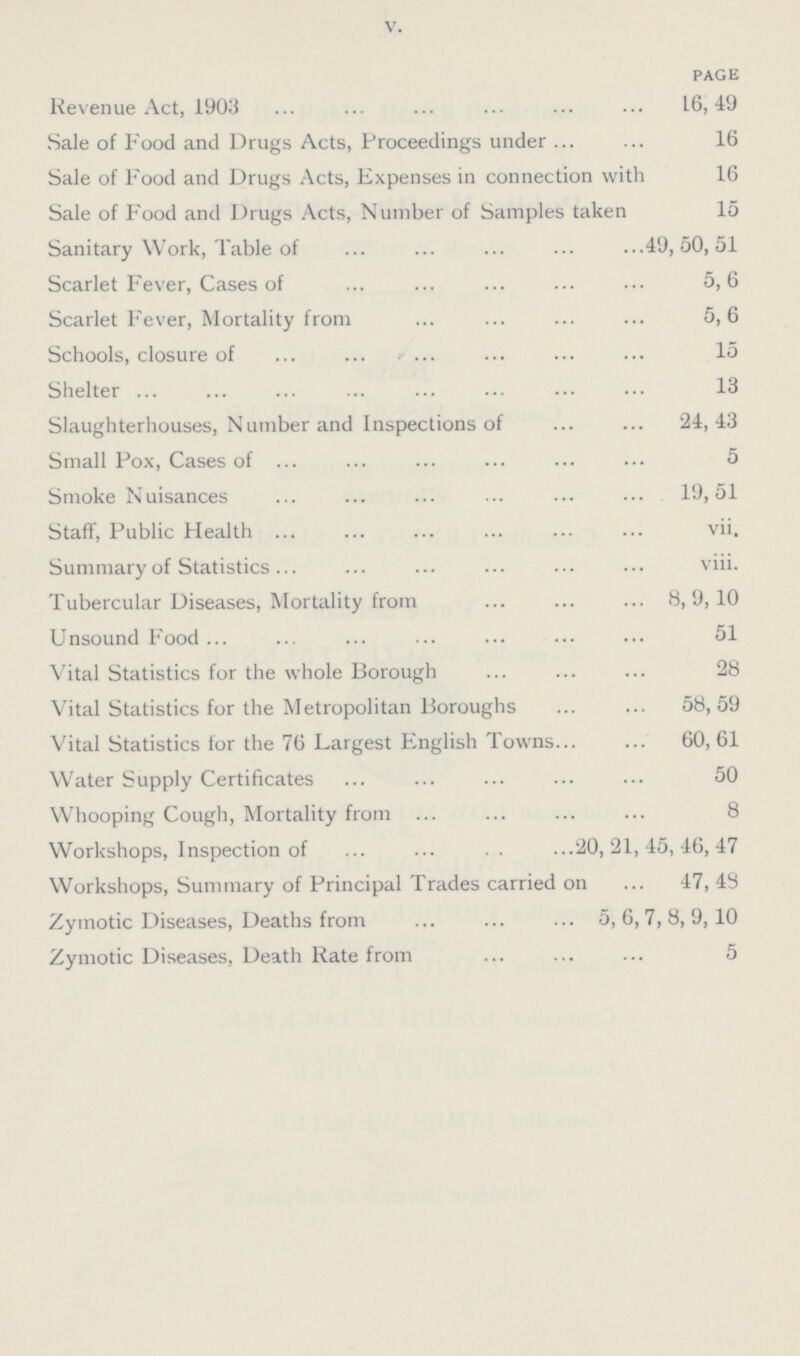 V. page Revenue Act, 1903 16,49 Sale of Food and Drugs Acts, Proceedings under 16 Sale of Food and Drugs Acts, Expenses in connection with 16 Sale of Food and Drugs Acts, Number of Samples taken 15 Sanitary Work, Table of 49,50,51 Scarlet Fever, Cases of 5,6 Scarlet Fever, Mortality from 5,6 Schools, closure of 15 Shelter 13 Slaughterhouses, Number and Inspections of 24,43 Small Pox, Cases of 5 Smoke Nuisances 19,51 Staff, Public Health vii. Summary of Statistics viii. Tubercular Diseases, Mortality from 8,9,10 Unsound Food 51 Vital Statistics for the whole Borough 28 Vital Statistics for the Metropolitan Boroughs 58,59 Vital Statistics for the 76 Largest English Towns 60, 61 Water Supply Certificates 50 Whooping Cough, Mortality from 8 Workshops, Inspection of 20,21,45,46,47 Workshops, Summary of Principal Trades carried on 47, 48 Zymotic Diseases, Deaths from 5,6,7,8,9,10 Zymotic Diseases, Death Rate from 5