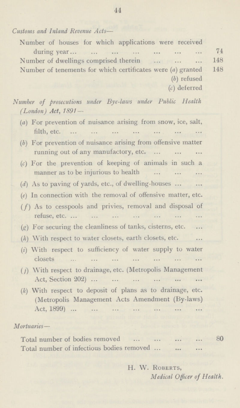 44 Customs and Inland Revenue Acts— Number of houses for which applications were received during year 74 Number of dwellings comprised therein 148 Number of tenements for which certificates were (a) granted 148 (b) refused (c) deferred Number of prosecutions under Bye-laws under Public Health (London) Act, 1891 — (a) For prevention of nuisance arising from snow, ice, salt, filth, etc. (b) For prevention of nuisance arising from offensive matter running out of any manufactory, etc. (c) For the prevention of keeping of animals in such a manner as to be injurious to health (d) As to paving of yards, etc., of dwelling-houses (e) In connection with the removal of offensive matter, etc. (f) As to cesspools and privies, removal and disposal of refuse, etc. (g) For securing the cleanliness of tanks, cisterns, etc. (h) With respect to water closets, earth closets, etc. (i) With respect to sufficiency of water supply to water closets (j) With respect to drainage, etc. (Metropolis Management Act, Section 202) (k) With respect to deposit of plans as to drainage, etc. (Metropolis Management Acts Amendment (By-laws) Act, 1899) Mortuaries— Total number of bodies removed 80 Total number of infectious bodies removed H. W. Roberts, Medical Officer of Health.