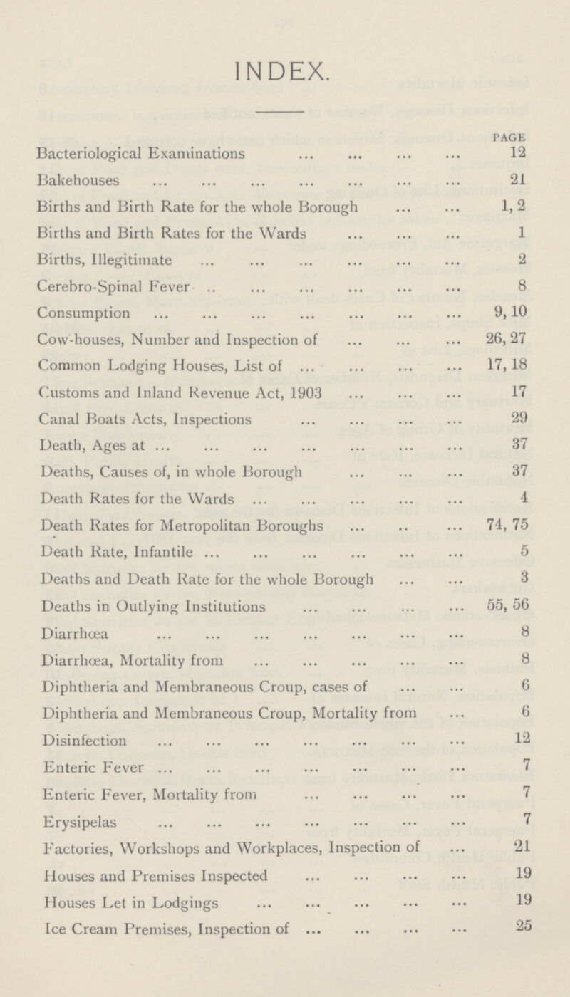 INDEX. PAGE Bacteriological Examinations 12 Bakehouses 21 Births and Birth Rate for the whole Borough 1, 2 Births and Birth Rates for the Wards 1 Births, Illegitimate 2 Cerebro-Spinal Fever 8 Consumption 9,10 Cow-houses, Number and Inspection of 26,27 Common Lodging Houses, List of 17,18 Customs and Inland Revenue Act, 1903 17 Canal Boats Acts, Inspections 29 Death, Ages at 37 Deaths, Causes of, in whole Borough 37 Death Rates for the Wards 4 Death Rates for Metropolitan Boroughs 74, 75 Death Rate, Infantile 5 Deaths and Death Rate for the whole Borough 3 Deaths in Outlying Institutions 55, 56 Diarrhoea 8 Diarrhoea, Mortality from 8 Diphtheria and Membraneous Croup, cases of 6 Diphtheria and Membraneous Croup, Mortality from 6 Disinfection 12 Enteric Fever 7 Enteric Fever, Mortality from 7 Erysipelas 7 Factories, Workshops and Workplaces, Inspection of 21 Houses and Premises Inspected 19 Houses Let in Lodgings 19 Ice Cream Premises, Inspection of 25