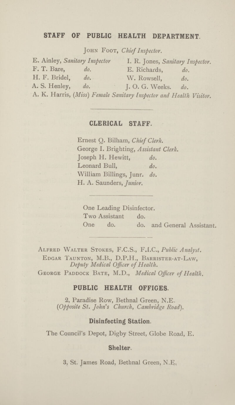 STAFF OF PUBLIC HEALTH DEPARTMENT. John Foot, Chief Inspector. E. Ainley, Sanitary Inspector I. R. Jones, Sanitary Inspector. F. T. Bare, do. E. Richards, do. H. F. Bridel, do. W. Rowsell, do. A. S. Henley, do. J. O. G. Weeks. do. A. K. Harris, (Miss) Female Sanitary Inspector and Health Visitor. CLERICAL STAFF. Ernest Q. Bilham, Chief Clerk. George I. Brighting, Assistant Clerk. Joseph H. Hewitt, do. Leonard Bull, do. William Billings, Junr. do. H. A. Saunders, Junior. One Leading Disinfector. Two Assistant do. One do. do. and General Assistant. Alfred Walter Stokes, F.C.S., F.I.C., Public Analyst. Edgar Taunton, M.B., D.P.H., Barrister-at-Law, Deputy Medical Officer of Health. George Paddock Bate, M.D., Medical Officer of Health. PUBLIC HEALTH OFFICES. 2, Paradise Row, Bethnal Green, N.E. (Opposite St. John's Church, Cambridge Road). Disinfecting Station. The Council's Depot, Digby Street, Globe Road, E. Shelter. 3, St. James Road, Bethnal Green, N.E.