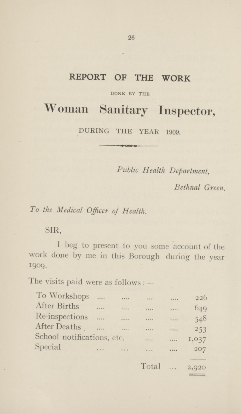 26 REPORT OF THE WORK done by the Woman Sanitary Inspector, DURING THE YEAR 1909. Public Health Department, Bethnal Green. To the Medical Officer of Health. SIR, I beg to present to you some account of the work done by me in this Borough during the year 1909. The visits paid were as follows:- To Workshops 226 After Births 649 Re-inspections 548 After Deaths 253 School notifications, etc. 1,037 Special 207 Total 2,920