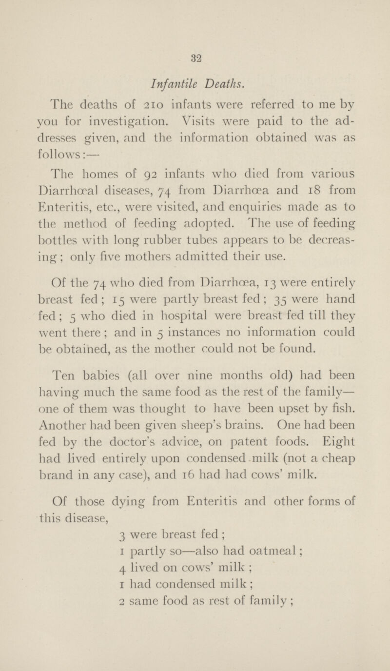 32 Infantile Deaths. The deaths of 210 infants were referred to me by you for investigation. Visits were paid to the ad dresses given, and the information obtained was as follows:— The homes of 92 infants who died from various Diarrheal diseases, 74 from Diarrhœa and 18 from Enteritis, etc., were visited, and enquiries made as to the method of feeding adopted. The use of feeding bottles with long rubber tubes appears to be decreas ing; only five mothers admitted their use. Of the 74 who died from Diarrhœa, 13 were entirely breast fed; 15 were partly breast fed; 35 were hand fed; 5 who died in hospital were breast fed till they went there; and in 5 instances no information could be obtained, as the mother could not be found. Ten babies (all over nine months old) had been having much the same food as the rest of the family one of them was thought to have been upset by fish. Another had been given sheep's brains. One had been fed by the doctor's advice, on patent foods. Eight had lived entirely upon condensed milk (not a cheap brand in any case), and 16 had had cows' milk. Of those dying from Enteritis and other forms of this disease, 3 were breast fed; 1 partly so—also had oatmeal; 4 lived on cows' milk; 1 had condensed milk; 2 same food as rest of family;