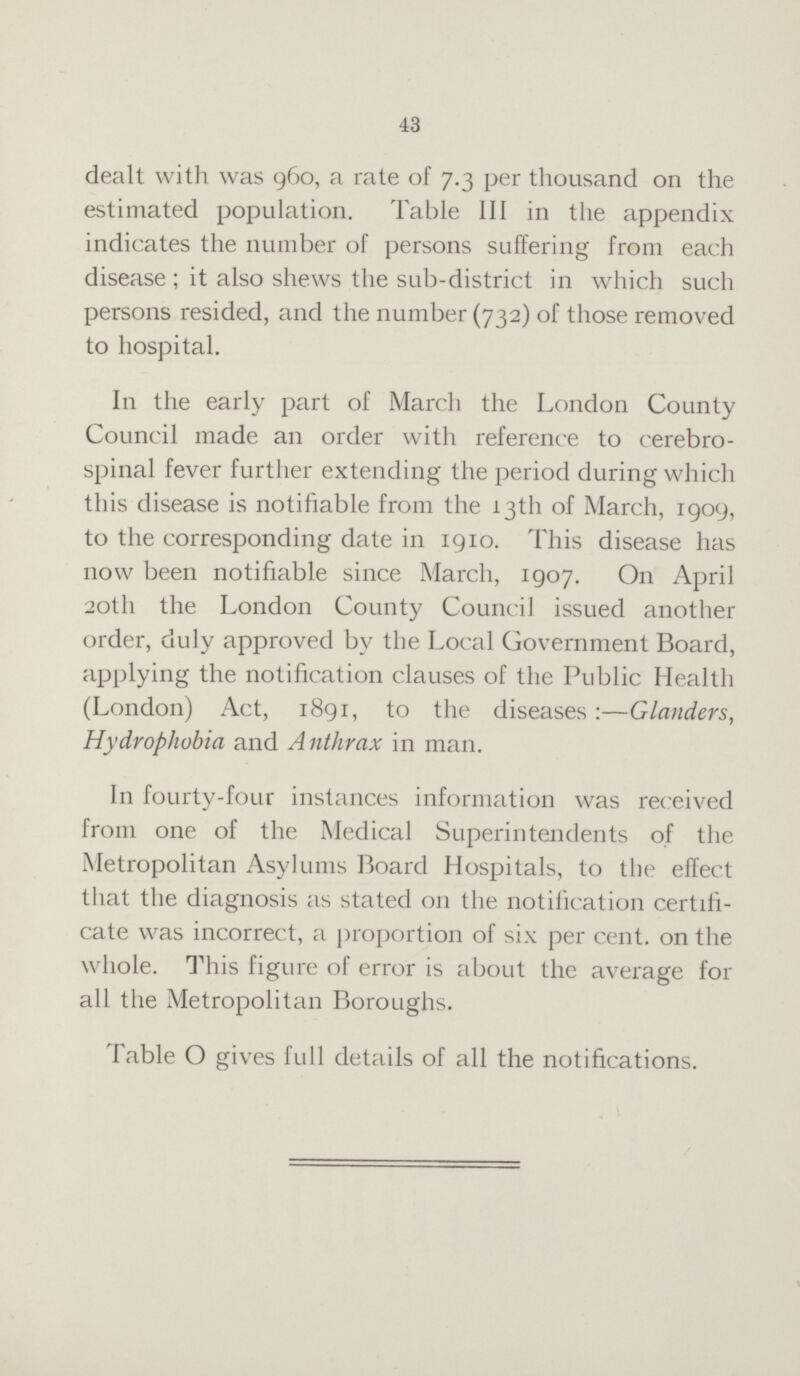 43 dealt with was 960, a rate of 7.3 per thousand on the estimated population. Table III in the appendix indicates the number of persons suffering from each disease; it also shews the sub-district in which such persons resided, and the number (732) of those removed to hospital. In the early part of March the London County Council made an order with reference to cerebro spinal fever further extending the period during which this disease is notifiable from the 13th of March, 1909, to the corresponding date in 1910. This disease has now been notifiable since March, 1907. On April 20th the London County Council issued another order, duly approved by the Local Government Board, applying the notification clauses of the Public Health (London) Act, 1891, to the diseases:—Glanders, Hydrophobia and Anthrax in man. In fourty-four instances information was received from one of the Medical Superintendents of the Metropolitan Asylums Board Hospitals, to the effect that the diagnosis as stated on the notification certifi cate was incorrect, a proportion of six per cent. on the whole. This figure of error is about the average for all the Metropolitan Boroughs. Table O gives full details of all the notifications.