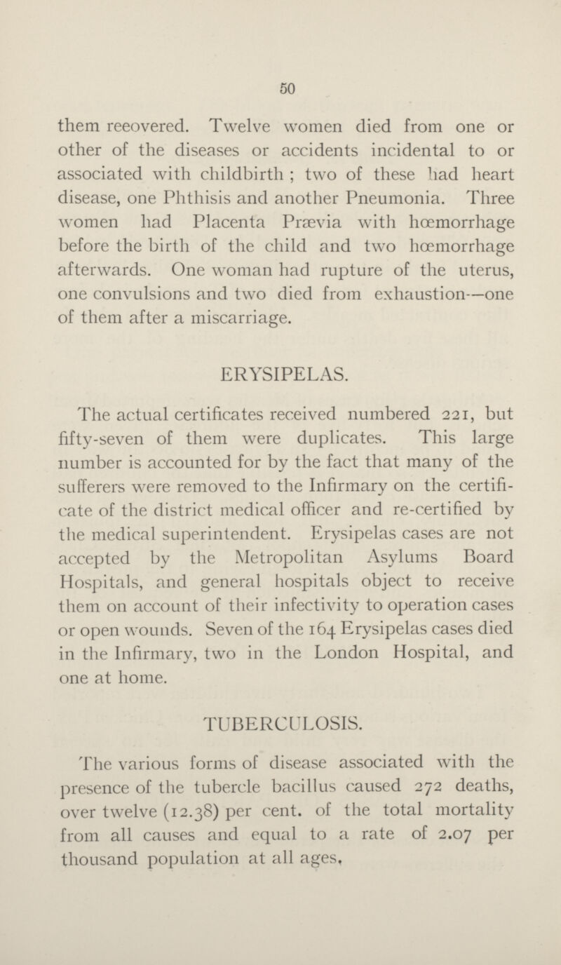 50 them reeovered. Twelve women died from one or other of the diseases or accidents incidental to or associated with childbirth; two of these had heart disease, one Phthisis and another Pneumonia. Three women had Placenta Prævia with hœmorrhage before the birth of the child and two hœmorrhage afterwards. One woman had rupture of the uterus, one convulsions and two died from exhaustion—one of them after a miscarriage. ERYSIPELAS. The actual certificates received numbered 221, but fifty-seven of them were duplicates. This large number is accounted for by the fact that many of the sufferers were removed to the Infirmary on the certifi cate of the district medical officer and re-certified by the medical superintendent. Erysipelas cases are not accepted by the Metropolitan Asylums Board Hospitals, and general hospitals object to receive them on account of their infectivity to operation cases or open wounds. Seven of the 164 Erysipelas cases died in the Infirmary, two in the London Hospital, and one at home. TUBERCULOSIS. The various forms of disease associated with the presence of the tubercle bacillus caused 272 deaths, over twelve (12.38) per cent. of the total mortality from all causes and equal to a rate of 2.07 per thousand population at all ages.