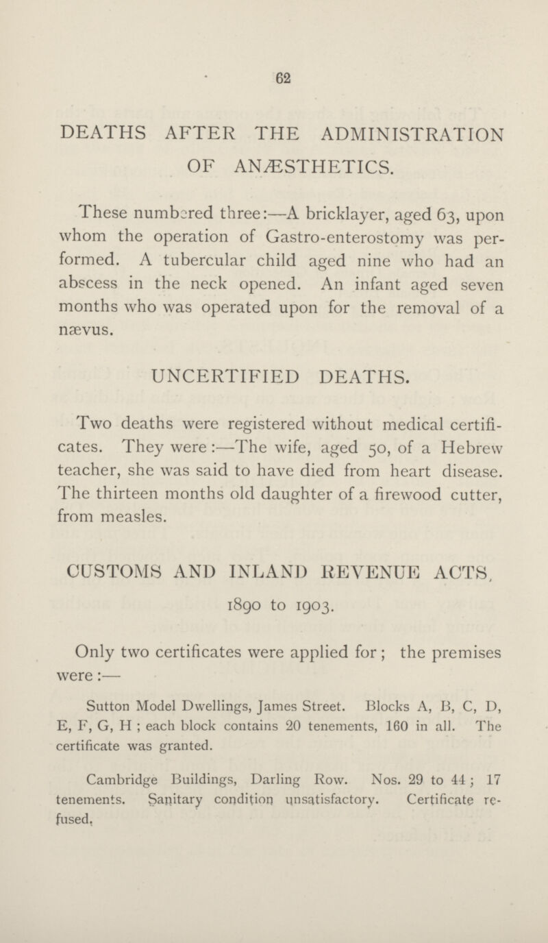 62 DEATHS AFTER THE ADMINISTRATION OF ANÆSTHETICS. These numbered three:—A bricklayer, aged 63, upon whom the operation of Gastro-enterostomy was per formed. A tubercular child aged nine who had an abscess in the neck opened. An infant aged seven months who was operated upon for the removal of a nævus. UNCERTIFIED DEATHS. Two deaths were registered without medical certifi cates. They were:—The wife, aged 50, of a Hebrew teacher, she was said to have died from heart disease. The thirteen months old daughter of a firewood cutter, from measles. CUSTOMS AND INLAND REVENUE ACTS, 1890 to 1903. Only two certificates were applied for; the premises were:— Sutton Model Dwellings, James Street. Blocks A, B, C, D, E, F, G, H; each block contains 20 tenements, 160 in all. The certificate was granted. Cambridge Buildings, Darling Row. Nos. 29 to 44; 17 tenements. Sanitary condition unsatisfactory. Certificate re fused.