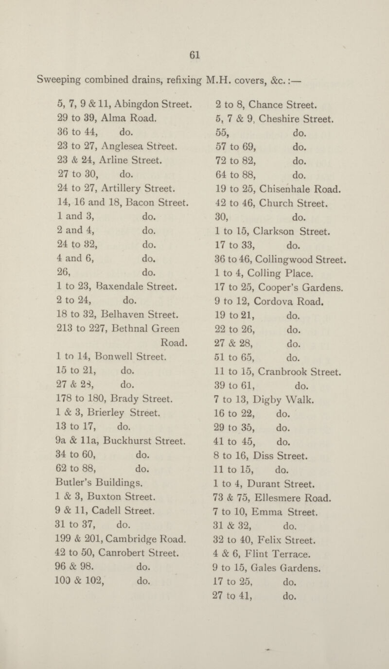 61 Sweeping combined drains, refixing M.H. covers, &c.:— 5, 7, 9 & 11, Abingdon Street. 29 to 39, Alma Road. 36 to 44, do. 23 to 27, Anglesea Street. 23 & 24, Arline Street. 27 to 30, do. 24 to 27, Artillery Street. 14, 16 and 18, Bacon Street. 1 and 3, do. 2 and 4, do. 24 to 32, do. 4 and 6, do. 26, do. 1 to 23, Baxendale Street. 2 to 24, do. 18 to 32, Belhaven Street. 213 to 227, Bethnal Green Road. 1 to 14, Bonwell Street. 15 to 21, do. 27 & 23, do. 178 to 180, Brady Street. 1 & 3, Brierley Street. 13 to 17, do. 9a & 11a, Buckhurst Street. 34 to 60, do. 62 to 88, do. Butler's Buildings. 1 & 3, Buxton Street. 9 & 11, Cadell Street. 31 to 37, do. 199 & 201, Cambridge Road. 42 to 50, Canrobert Street. 96 & 98. do. 100 & 102, do. 2 to 8, Chance Street. 5, 7 & 9, Cheshire Street. 55, do. 57 to 69, do. 72 to 82, do. 64 to 88, do. 19 to 25, Chisenhale Road. 42 to 46, Church Street. 30, do. 1 to 15, Clarkson Street. 17 to 33, do. 36 to 46, Collingwood Street. 1 to 4, Colling Place. 17 to 25, Cooper's Gardens. 9 to 12, Cordova Road. 19 to 21, do. 22 to 26, do. 27 & 28, do. 51 to 65, do. 11 to 15, Cranbrook Street. 39 to 61, do. 7 to 13, Digby Walk. 16 to 22, do. 29 to 35, do. 41 to 45, do. 8 to 16, Diss Street. 11 to 15, do. 1 to 4, Durant Street. 73 & 75, Ellesmere Road. 7 to 10, Emma Street. 31 & 32, do. 32 to 40, Felix Street. 4 & 6, Flint Terrace. 9 to 15, Gales Gardens. 17 to 25, do. 27 to 41, do.