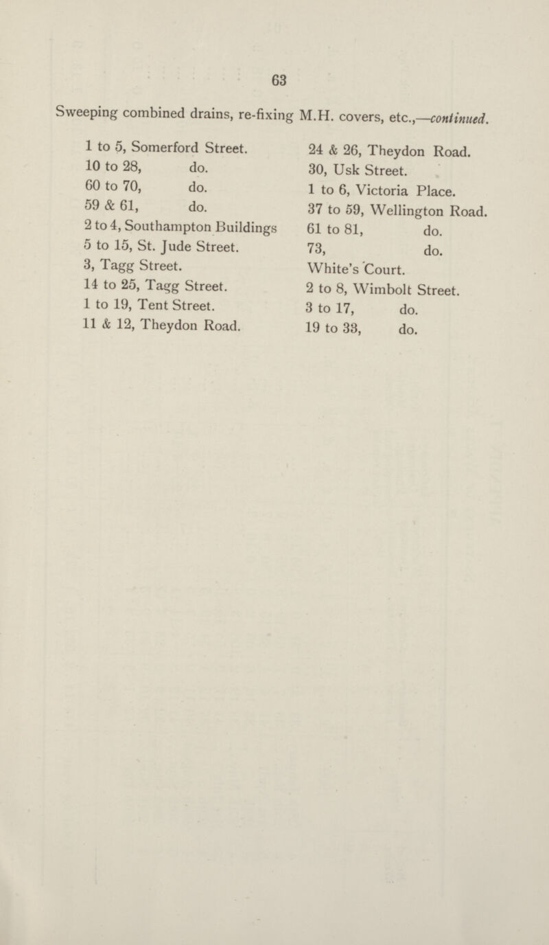 63 Sweeping combined drains, re-fixing M.H. covers, etc.,—continued. 1 to 5, Somerford Street. 10 to 28, do. 60 to 70, do. 59 & 61, do. 2 to 4, Southampton Buildings 5 to 15, St. Jude Street. 3, Tagg Street. 14 to 25, Tagg Street. 1 to 19, Tent Street. 11 & 12, Theydon Road. 24 & 26, Theydon Road. 30, Usk Street. 1 to 6, Victoria Place. 37 to 59, Wellington Road. 61 to 81, do. 73, do. White's Court. 2 to 8, Wimbolt Street. 3 to 17, do. 19 to 33, do.