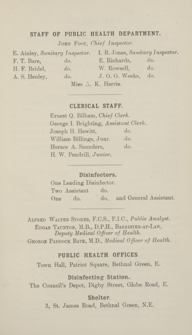 STAFF OF PUBLIC HEALTH DEPARTMENT. John Foot, Chief Inspector. E. Ainley, Sanitary inspector. I. R. Jones, Sanitary Inspector. F. T. Bare, do. E. Richards, do. H. F. Bridel, do. W. Rowsell, do. A. S. Henley, do. J. O. G. Weeks, do. Miss A. K. Harris. CLERICAL STAFF. Ernest Q. Bilham, Chief Clerk. George I. Brighting, Assistant Clerk. Joseph H. Hewitt, do. William Billings, Junr. do. Horace A. Saunders, do. H. W. Pendrill, Junior. Disinfectors. One Leading Disinfector. Two Assistant do. One do. do. and General Assistant. Alfred Walter Stokes, F.C.S., F.I.C., Public Analyst. Edgar Taunton, M.B., D.P.H., Barrister-at-Law, Deputy Medical Officer of Health. George Paddock Bate, M.D., Medical Officer of Health. PUBLIC HEALTH OFFICES Town Hall, Patriot Square, Bethnal Green, E. Disinfecting Station. The Council's Depot, Digby Street, Globe Road, E. Shelter. 3, St. James Road, Bethnal Green, N.E.
