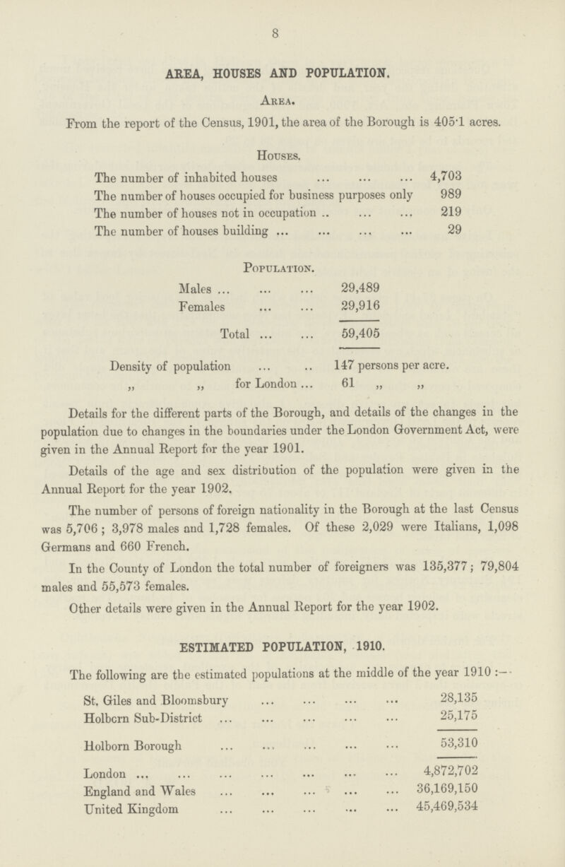 8 AREA, HOUSES AND POPULATION. Area. From the report of the Census, 1901, the area of the Borough is 405.l acres. Houses. The number of inhabited houses 4,703 The number of houses occupied for business purposes only 989 The number of houses not in occupation 219 The number of houses building 29 Population. Males 29,489 Females 29,916 Total 59,405 Density of population 147 persons per acre. „ „ for London 61 „ „ Details for the different parts of the Borough, and details of the changes in the population due to changes in the boundaries under the London Government Act, were given in the Annual Report for the year 1901. Details of the age and sex distribution of the population were given in the Annual Report for the year 1902. The number of persons of foreign nationality in the Borough at the last Census was 5,706; 3,978 males and 1,728 females. Of these 2,029 were Italians, 1,098 Germans and 660 French. In the County of London the total number of foreigners was 135,377; 79,804 males and 55,573 females. Other details were given in the Annual Report for the year 1902. ESTIMATED POPULATION, 1910. The following are the estimated populations at the middle of the year 1910:— St. Giles and Bloomsbury 28,135 Holborn Sub-District 25,175 Holborn Borough 53,310 London 4,872,702 England and Wales 36,169,150 United Kingdom 45,469,534