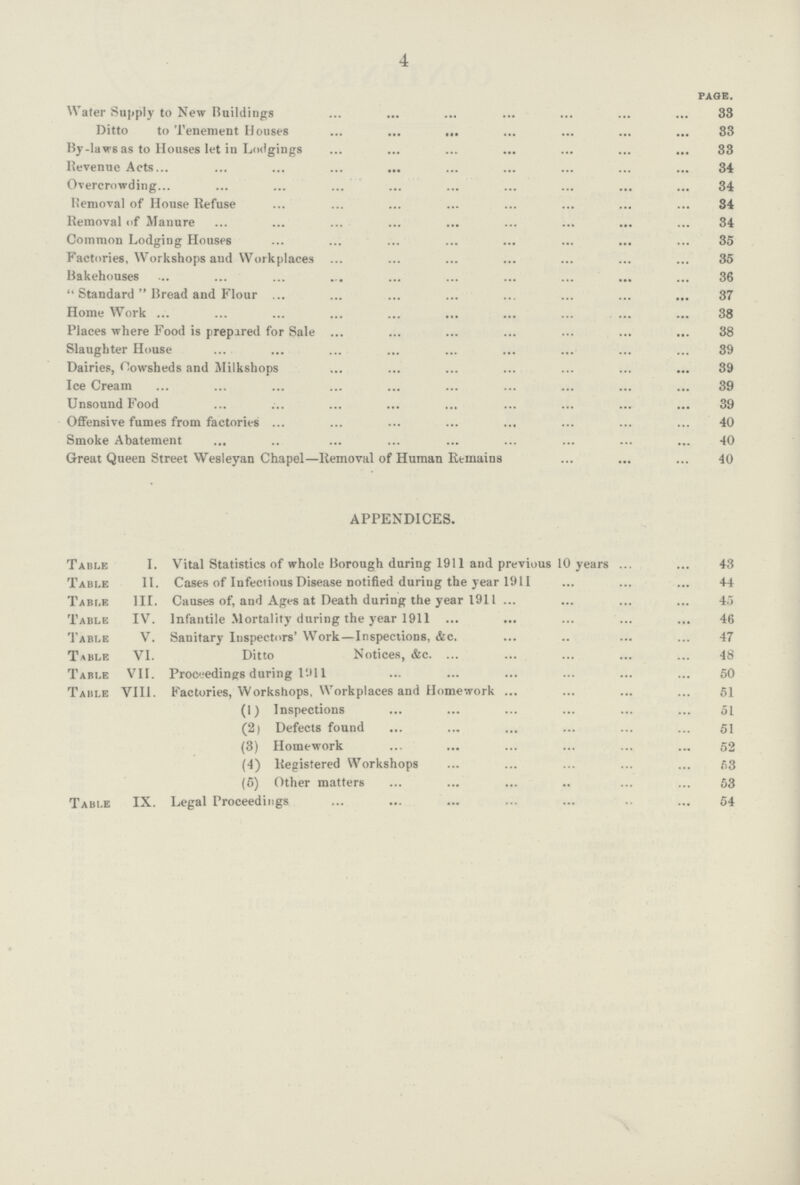 4 Page. Water Supply to New Buildings 33 Ditto to Tenement Houses 33 By-laws as to Houses let in Lodgings 33 Revenue Acts 34 Overcrowding 34 Removal of House Refuse 34 Removal of Manure 34 Common Lodging Houses 35 Factories, Workshops and Workplaces 35 Bakehouses 36 Standard Bread and Flour 37 Home Work 38 Places where Food is prepared for Sale 38 Slaughter House 39 Dairies, Cowsheds and Milkshops 39 Ice Cream 39 Unsound Food 39 Offensive fumes from factories 40 Smoke Abatement 40 Great Queen Street Wesleyan Chapel—Removal of Human Remains 40 APPENDICES. Table I. Vital Statistics of whole Borough during 1911 and previous 10 years 43 Table II. Cases of InfeciiousDisease notified during the year 1911 44 Table III. Causes of, and Ages at Death during the year 1911 45 Table IV. Infantile Mortality during the year 1911 46 Table V. Sanitary Inspectors' Work—Inspections, &c. 47 Table VI. Ditto Notices, &c. 48 Table VII. Proceedings during 1911 50 Table VIII. Factories, Workshops. Workplaces and Homework 51 (1) Inspections 51 (2) Defects found 51 (3) Homework 52 (4) Registered Workshops 53 (5) Other matters 53 Table IX. Legal Proceedings 54