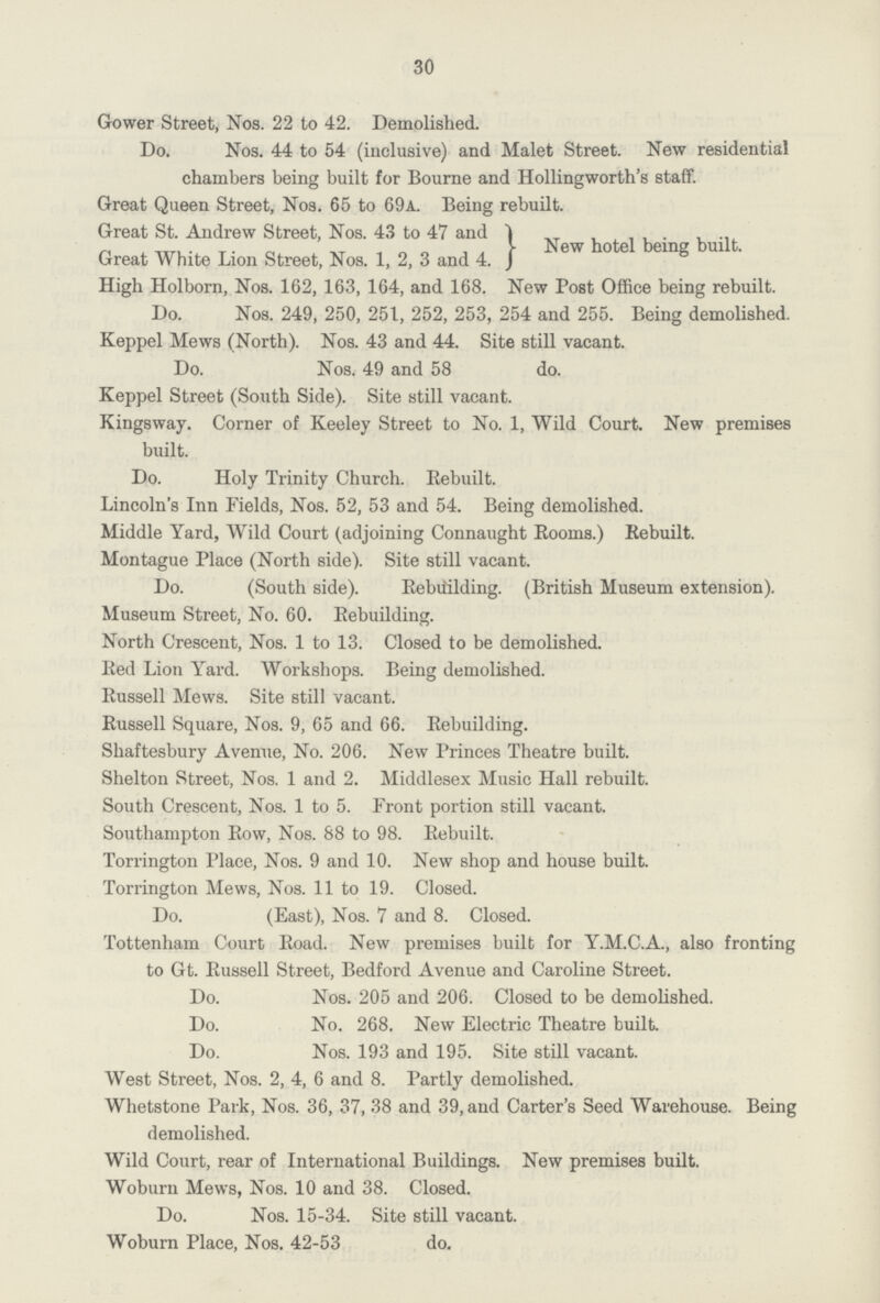 30 Gower Street, Nos. 22 to 42. Demolished. Do. Nos. 44 to 54 (inclusive) and Malet Street. New residential chambers being built for Bourne and Hollingworth's staff. Great Queen Street, Nos. 65 to 69a. Being rebuilt. Great St. Andrew Street, Nos. 43 to 47 and New hotel being built. Great White Lion Street, Nos. 1, 2, 3 and 4. High Holborn, Nos. 162, 163, 164, and 168. New Post Office being rebuilt. Do. Nos. 249, 250, 251, 252, 253, 254 and 255. Being demolished. Keppel Mews (North). Nos. 43 and 44. Site still vacant. Do. Nos. 49 and 58 do. Keppel Street (South Side). Site still vacant. Kingsway. Corner of Keeley Street to No. 1, Wild Court. New premises built. Do. Holy Trinity Church. Rebuilt. Lincoln's Inn Fields, Nos. 52, 53 and 54. Being demolished. Middle Yard, Wild Court (adjoining Connaught Rooms.) Rebuilt. Montague Place (North side). Site still vacant. Do. (South side). Rebuilding. (British Museum extension). Museum Street, No. 60. Rebuilding. North Crescent, Nos. 1 to 13. Closed to be demolished. Red Lion Yard. Workshops. Being demolished. Russell Mews. Site still vacant. Russell Square, Nos. 9, 65 and 66. Rebuilding. Shaftesbury Avenue, No. 206. New Princes Theatre built. Shelton Street, Nos. 1 and 2. Middlesex Music Hall rebuilt. South Crescent, Nos. 1 to 5. Front portion still vacant. Southampton Row, Nos. 88 to 98. Rebuilt. Torrington Place, Nos. 9 and 10. New shop and house built. Torrington Mews, Nos. 11 to 19. Closed. Do. (East), Nos. 7 and 8. Closed. Tottenham Court Road. New premises built for Y.M.C.A., also fronting to Gt. Russell Street, Bedford Avenue and Caroline Street. Do. Nos. 205 and 206. Closed to be demolished. Do. No. 268. New Electric Theatre built. Do. Nos. 193 and 195. Site still vacant. West Street, Nos. 2, 4, 6 and 8. Partly demolished. Whetstone Park, Nos. 36, 37, 38 and 39, and Carter's Seed Warehouse. Being demolished. Wild Court, rear of International Buildings. New premises built. Woburn Mews, Nos. 10 and 38. Closed. Do. Nos. 15-34. Site still vacant. Woburn Place, Nos. 42-53 do.