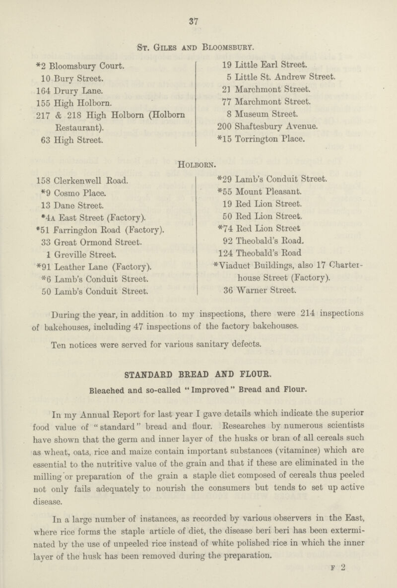 37 St. Giles and Bloomsbury. *2 Bloomsbury Court. 10 Bury Street. 164 Drury Lane. 155 High Holborn. 217 & 218 High Holborn (Holborn Restaurant). 63 High Street. 19 Little Earl Street. 5 Little St. Andrew Street. 21 Marchmont Street. 77 Marchmont Street. 8 Museum Street. 200 Shaftesbury Avenue. *15 Torrington Place. Holborn. 158 Clerkenwell Road. *9 Cosmo Place. 13 Dane Street. *4a East Street (Factory). *51 Farringdon Road (Factory). 33 Great Ormond Street. 1 Greville Street. *91 Leather Lane (Factory). *6 Lamb's Conduit Street. 50 Lamb's Conduit Street. *29 Lamb's Conduit Street. *55 Mount Pleasant. 19 Red Lion Street. 50 Red Lion Street. *74 Red Lion Street 92 Theobald's Road. 124 Theobald's Road *Viaduct Buildings, also 17 Charter house Street (Factory). 36 Warner Street. During the year, in addition to my inspections, there were 214 inspections of bakehouses, including 47 inspections of the factory bakehouses. Ten notices were served for various sanitary defects. STANDARD BREAD AND FLOUR. Bleached and so-called Improved Bread and Flour. In my Annual Report for last year I gave details which indicate the superior food value of  standard bread and flour. Researches by numerous scientists have shown that the germ and inner layer of the husks or bran of all cereals such as wheat, oats, rice and maize contain important substances (vitamines) which are essential to the nutritive value of the grain and that if these are eliminated in the milling or preparation of the grain a staple diet composed of cereals thus peeled not only fails adequately to nourish the consumers but tends to set up active disease. In a large number of instances, as recorded by various observers in the East, where rice forms the staple article of diet, the disease beri beri has been extermi nated by the use of unpeeled rice instead of white polished rice in which the inner layer of the husk has been removed during the preparation. F 2