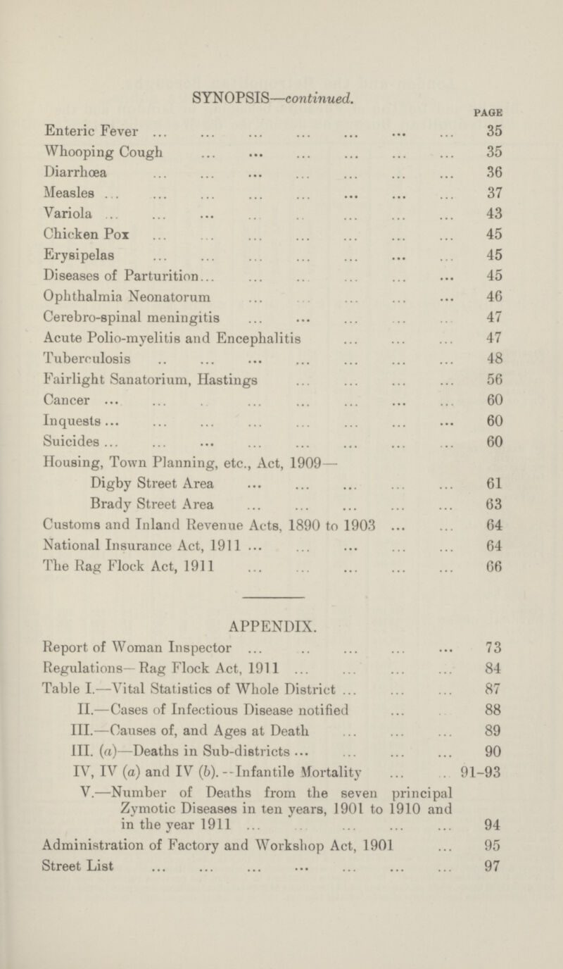 SYNOPSIS—continued. PAGE Enteric Fever 35 Whooping Cough 35 Diarrhoea 36 Measles 37 Variola 43 Chicken Pox 45 Erysipelas 45 Diseases of Parturition 45 Ophthalmia Neonatorum 46 Cerebro-spinal meningitis 47 Acute Polio-myelitis and Encephalitis 47 Tuberculosis 48 Fairlight Sanatorium, Hastings 56 Cancer 60 Inquests 60 Suicides 60 Housing, Town Planning, etc., Act, 1909— Digby Street Area 61 Brady Street Area 63 Customs and Inland Revenue Acts, 1890 to 1903 64 National Insurance Act, 1911 64 The Rag Flock Act, 1911 66 APPENDIX. Report of Woman Inspector 73 Regulations—Rag Flock Act, 1911 84 Table I.—Vital Statistics of Whole District 87 II.—Cases of Infectious Disease notified 88 III.—Causes of, and Ages at Death 89 III. (a)—Deaths in Sub-districts 90 IV, IV (a) and IV (b).-Infantile Mortality 91-93 V.—Number of Deaths from the seven principal Zymotic Diseases in ten years, 1901 to 1910 and in the year 1911 94 Administration of Factory and Workshop Act, 1901 95 Street List 97