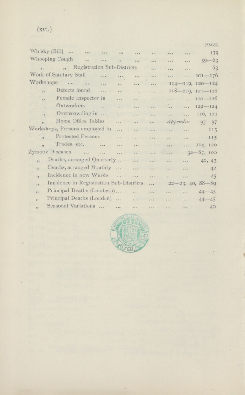 (xvi.) PAGE. Whisky (Bill) 139 Whooping Cough 59—63 ,, „ Registration Sub-Districts 63 Work of Sanitary Staff 101—176 Workshops 114—119, 120—124 ,, Defects found 118—119, 121 —122 ,, Female Inspector in 120—126 „ Outworkers 122—124 ,, Overcrowding in 116, 121 ,, Home Office Tables Appendix 95—97 Workshops, Persons employed in 115 ,, Protected Persons 115 „ Trades, etc. 114, 120 Zymotic Diseases 32—87, 100 „ Deaths, arranged Quarterly 40, 43 ,, Deaths, arranged Monthly 42 „ Incidence in new Wards 25 ,, Incidence in Registration Sub-Districts . 22—23, 40, 88—89 ,, Principal Deaths (Lambeth) 44—45 „ Principal Deaths (London) 44—45 „ Seasonal Variations 40