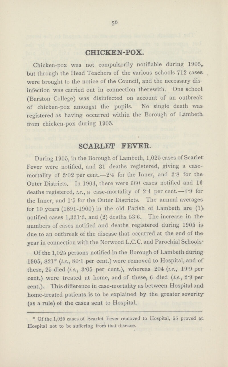 56 CHICKEN-POX. Chicken-pox was not compulsprily notifiable during 1905, but through the Head Teachers of the various schools 712 cases were brought to the notice of the Council, and the necessary dis infection was carried out in connection therewith. One school (Barston College) was disinfected on account of an outbreak of chicken-pox amongst the pupils. No single death was registered as having occurred within the Borough of Lambeth from chicken-pox during 1905. SCARLET FEVER. During 1905, in the Borough of Lambeth, 1,025 cases of Scarlet Fever were notified, and 31 deaths registered, giving a case mortality of 3.02 per cent.—2.4 for the Inner, and 3.8 for the Outer Districts. In 1904, there were 660 cases notified and 16 deaths registered, i.e., a case-mortality of 2.4 per cent.—4.9 for the Inner, and 15 for the Outer Districts. The annual averages for 10 years (1891-1900) in the old Parish of Lambeth are (1), notified cases 1,331.3, and (2) deaths 53.6. The increase in the numbers of cases notified and deaths registered during 1905 is due to an outbreak of the disease that occurred at the end of the year in connection with the Norwood L.C.C. and Parochial Schools' Of the 1,025 persons notified in the Borough of Lambeth during 1905, 821* (i.e., 80.1 per cent.) were removed to Hospital, and of these, 25 died (i.e., 3.05 per cent.), whereas 204 (i.e., 19.9 per cent.) were treated at home, and of these, 6 died (i.e., 2.9 per cent.). This difference in case-mortality as between Hospital and home-treated patients is to be explained by the greater severity (as a rule) of the cases sent to Hospital. * Of the 1,025 cases of Scarlet Fever removed to Hospital, 53 proved at Hospital not to be suffering from that disease.