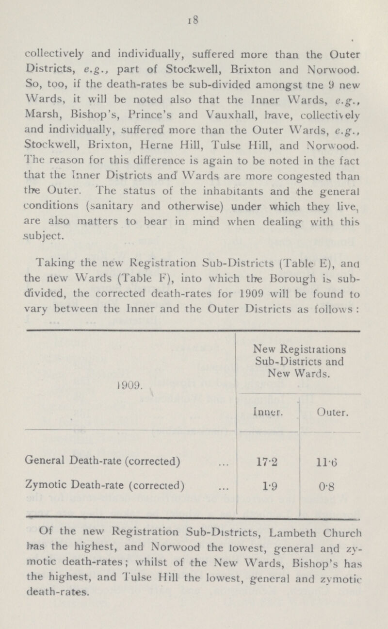 18 collectively and individually, suffered more than the Outer Districts, e.g., part of Stockwell, Brixton and Norwood. So, too, if the death-rates be sub-divided amongst tne 9 new Wards, it will be noted also that the Inner Wards, e.g., Marsh, Bishop's, Prince's and Vauxhall, have, collectively and individually, suffered' more than the Outer Wards, e.g., Stockwell, Brixton, Herne Hill, Tulse Hill, and Norwood. The reason for this difference is again to be noted in the fact that the Inner Districts and' Wards are more congested than the Outer. The status of the inhabitants and the general conditions (sanitary and otherwise) under which they live, are also matters to bear in mind when dealing with this subject. Taking the new Registration Sub-Districts (Table E), and the new Wards (Table F), into which the Borough is sub divided, the corrected death-rates for 1909 will be found to vary between the Inner and the Outer Districts as follows : 1909. New Registrations Sub-Districts and New Wards. Inner. Outer. General Death-rate (corrected) 17.2 11.6 Zymotic Death-rate (corrected) 1.9 0.8 Of the new Registration Sub-Districts, Lambeth Church has the highest, and Norwood the lowest, general and zy motic death-rates; whilst of the New Wards, Bishop's has the highest, and Tulse Hill the lowest, general and zymotic death-rates.