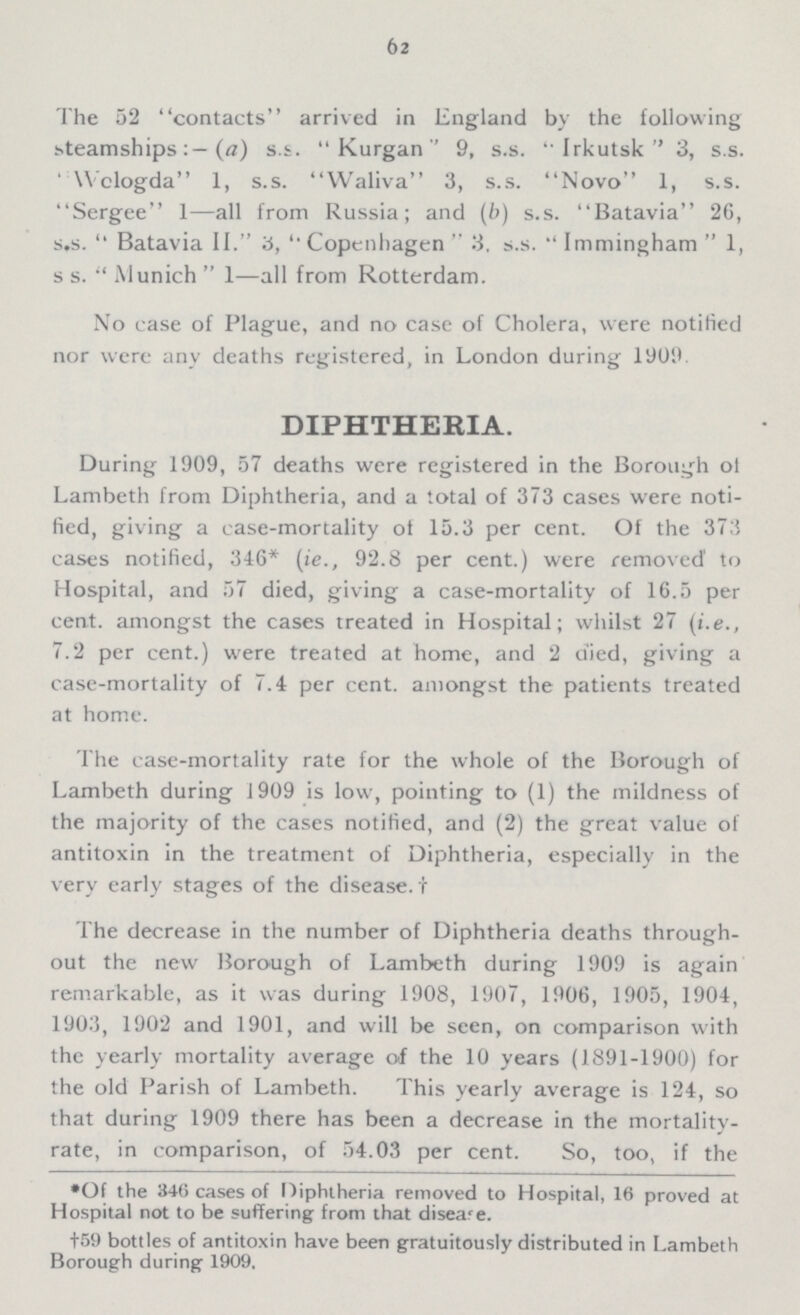 62 The 52 contacts arrived in England by the following steamships:-(a) s.s. Kurgan'' 9, s.s. 'Irkutsk 3, s.s. Wclogda 1, s.s. Waliva 3, s.s. Novo 1, s.s. Sergee 1—all from Russia; and (b) s.s. Batavia 26, s.s. ''Batavia II. 3, Copenhagen 3. s.s. Immingham 1, s s. Munich 1—all from Rotterdam. No case of Plague, and no case of Cholera, were notified nor were any deaths registered, in London during 1909. DIPHTHERIA. During 1909, 57 deaths were registered in the Borough of Lambeth from Diphtheria, and a total of 373 cases were noti fied, giving a case-mortality of 15.3 per cent. Of the 373 cases notified, 316* (i.e., 92.8 per cent.) were removed to Hospital, and 57 died, giving a case-mortality of 16.5 per cent. amongst the cases treated in Hospital; whilst 27 (i.e., 7.2 per cent.) were treated at home, and 2 died, giving a case-mortality of 7.4 per cent. amongst the patients treated at home. The case-mortality rate for the whole of the Borough of Lambeth during 1909 is low, pointing to (1) the mildness of the majority of the cases notified, and (2) the great value of antitoxin in the treatment of Diphtheria, especially in the very early stages of the disease. † The decrease in the number of Diphtheria deaths through out the new Borough of Lambeth during 1909 is again remarkable, as it was during 1908, 1907, 1906, 1905, 1904, 1903, 1902 and 1901, and will be seen, on comparison with the yearly mortality average of the 10 years (1891-1900) for the old Parish of Lambeth. This yearly average is 124, so that during 1909 there has been a decrease in the mortality rate, in comparison, of 54.03 per cent. So, too, if the *Of the 346 cases of Diphtheria removed to Hospital, 16 proved at Hospital not to be suffering from that disease. †59 bottles of antitoxin have been gratuitously distributed in Lambeth Borough during 1909.