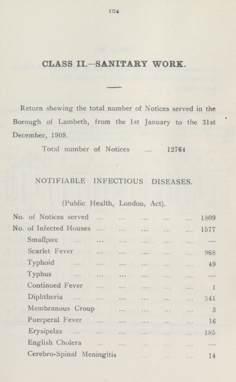 CLASS II.—SANITARY WORK. Return shewing the total number of Notices served in the Borough of Lambeth, from the 1st January to the 31st December, 1909. Total number of Notices 12764 NOTIFIABLE INFECTIOUS DISEASES. (Public Health, London, Act). No. of Notices served 1809 No. of Infected Houses 1577 Smallpox Scarlet Fever 968 Typhoid 4.9 Typhus - Continued Fever 2 Diphtheria 341 Membranous Croup 3 Puerperal Fever 16 Erysipelas 185 English Cholera - Cerebro-Spinal Meningitis 14