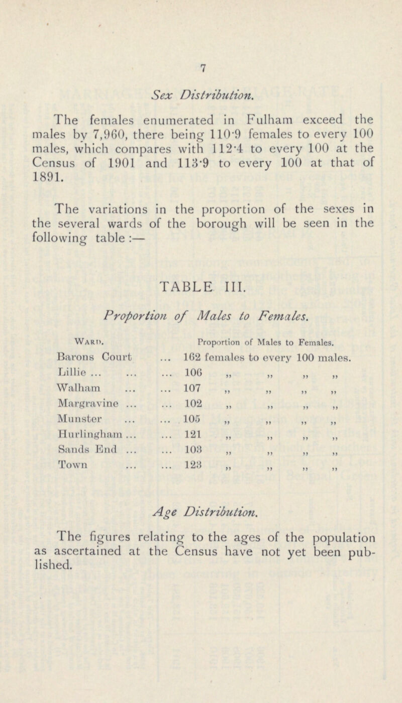 7 Sex Distribution. The females enumerated in Fulham exceed the males by 7,960, there being 110.9 females to every 100 males, which compares with 112.4 to every 100 at the Census of 1901 and 113.9 to every 100 at that of 1891. The variations in the proportion of the sexes in the several wards of the borough will be seen in the following table:— TABLE III. Proportion of Males to Females. Ward. Proportion of Males to Females. Barons Court 162 females to every 100 males. Lillie 106 „ „ „ „ Walham 107 „ „ „ „ Margravine 102 „ „ „ „ Munster 105 „ „ „ „ Hurlingham 121 „ „ „ „ Sands End 103 „ „ „ „ Town 123 „ „ „ „ Age Distribution. The figures relating to the ages of the population as ascertained at the Census have not yet been pub lished.