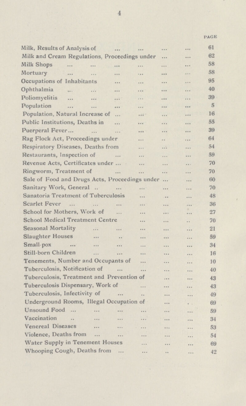 4 page Milk, Results of Analysis of 61 Milk and Cream Regulations, Proceedings under 62 Milk Shops 58 Mortuary 58 Occupations of Inhabitants 95 Ophthalmia 40 Poliomyelitis 39 Population 5 Population, Natural Increase of 16 Public Institutions, Deaths in 55 Puerperal Fever 39 Rag Flock Act, Proceedings under 64 Respiratory Diseases, Deaths from 54 Restaurants, Inspection of 59 Revenue Acts, Certificates under 70 Ringworm, Treatment of 70 Sale of Food and Drugs Acts, Proceedings under 60 Sanitary Work, General 70 Sanatoria Treatment of Tuberculosis 48 Scarlet Fever 36 School for Mothers, Work of 27 School Medical Treatment Centre 70 Seasonal Mortality 21 Slaughter Houses 59 Small pox 34 Still-born Children 16 Tenements, Number and Occupants of 10 Tuberculosis, Notification of 40 Tuberculosis, Treatment and Prevention of 43 Tuberculosis Dispensary, Work of 43 Tuberculosis, Infectivity of 49 Underground Rooms, Illegal Occupation of 69 Unsound Food 59 Vaccination 34 Venereal Diseases 53 Violence, Deaths from 54 Water Supply in Tenement Houses 69 Whooping Cough, Deaths from 42