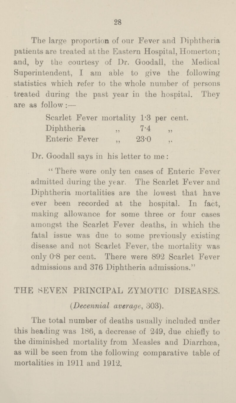 28 The large proportion of our Fever and Diphtheria patients are treated at the Eastern Hospital, Homerton; and, by the courtesy of Dr. Goodall, the Medical Superintendent, I am able to give the following statistics which refer to the whole number of persons treated during the past year in the hospital. They are as follow :— Scarlet Fever mortality 1.3 per cent. Diphtheria ,, 7.4 „ Enteric Fever ,, 23.0 ,, Dr. Goodall says in his letter to me:  There were only ten cases of Enteric Fever admitted during the year. The Scarlet Fever and Diphtheria mortalities are the lowest that have ever been recorded at the hospital. In fact, making allowance for some three or four cases amongst the Scarlet Fever deaths, in which the fatal issue was due to some previously existing disease and not Scarlet Fever, the mortality was only 08 per cent. There were 892 Scarlet Fever admissions and 376 Diphtheria admissions. THE SEVEN PRINCIPAL ZYMOTIC DISEASES. (Decennial average, 303). The total number of deaths usually included under this heading was 186, a decrease of 249, due chiefly to the diminished mortality from Measles and Diarrhoea, as will be seen from the following comparative table of mortalities in 1911 and 1912.