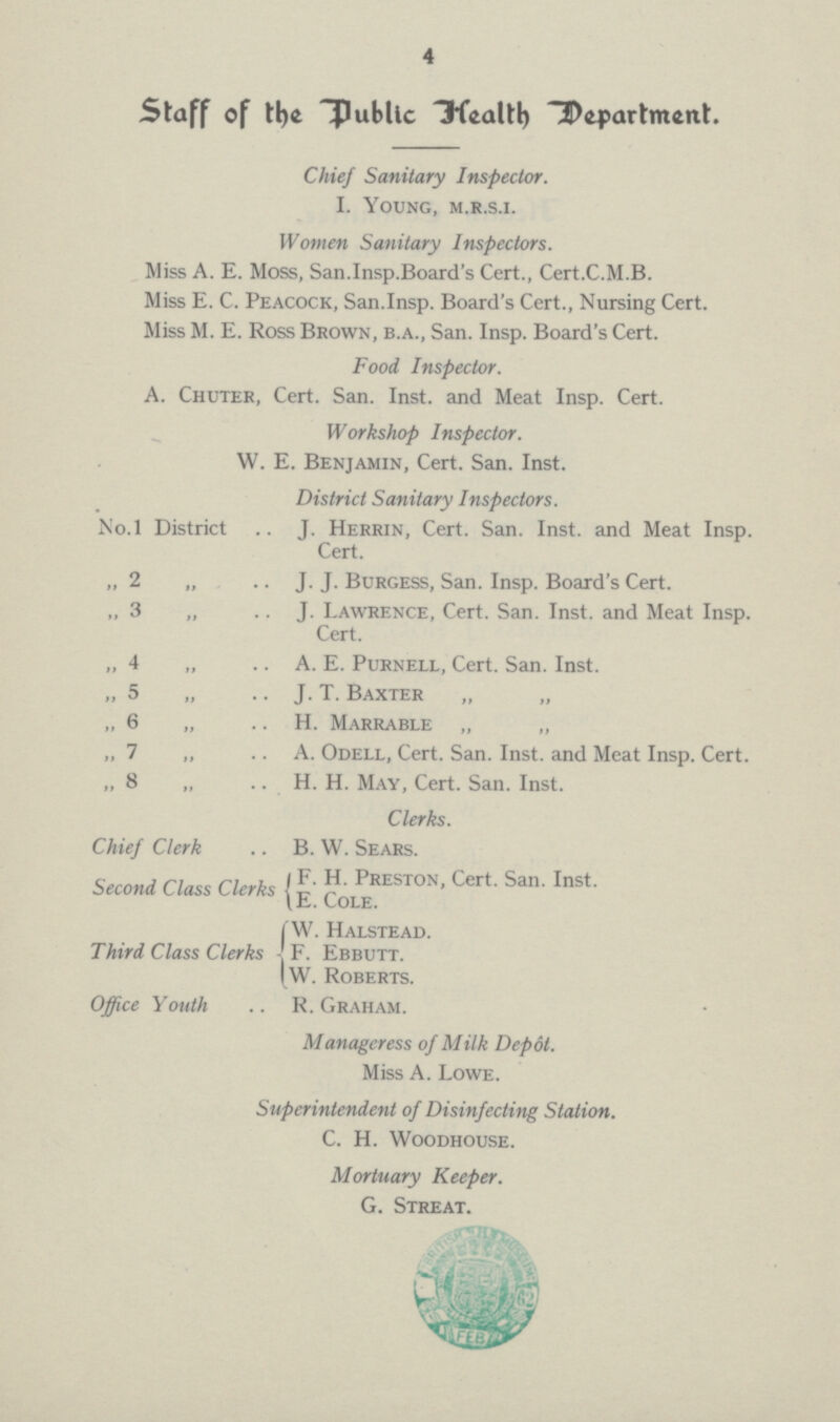 4 Staff of the Public Health Department. Chief Sanitary Inspector. I. Young, m.r.s.i. Women Sanitary Inspectors. Miss A. E. Moss, San.Insp.Board's Cert., Cert.C.M.B. Miss E. C. Peacock, San.Insp. Board's Cert., Nursing Cert. Miss M. E. Ross Brown, b.a., San. Insp. Board's Cert. Food Inspector. A. Chuter, Cert. San. Inst, and Meat Insp. Cert. Workshop Inspector. W. E. Benjamin, Cert. San. Inst. District Sanitary Inspectors. No.l District J. Herrin, Cert. San. Inst. and Meat Insp. Cert. „ 2 „ J. J. Burgess, San. Insp. Board's Cert. „ 3 „ J. Lawrence, Cert. San. Inst. and Meat Insp. Cert. „ 4 „ A. E. Purnell, Cert. San. Inst. „ 5 „ J. T. Baxter „ „ „ 6 „ H. Marrable „ „ „ 7 „ A. Odell, Cert. San. Inst. and Meat Insp. Cert. „ 8 „ H. H. May, Cert. San. Inst. Clerks. Chief Clerk B. W. Sears. Second Class Clerks F. H. Preston, Cert. San. Inst. E. Cole. Third Class Clerks W. Halstead. F. Ebbutt. W. Roberts. Office Youth R. Graham. Manageress of Milk Depôt. Miss A. Lowe. Superintendent of Disinfecting Station. C. H. Woodhouse. Mortuary Keeper. G. Streat.