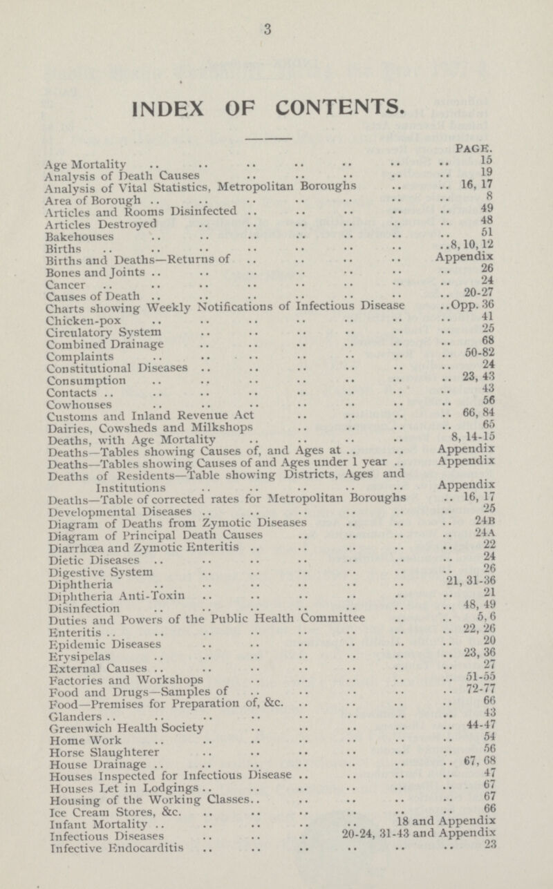 3 INDEX OF CONTENTS. Page. Age Mortality 15 Analysis of Death Causes 19 Analysis of Vital Statistics, Metropolitan Boroughs 16, 17 Area of Borough 8 Articles and Rooms Disinfected 49 Articles Destroyed 48 Bakehouses 51 Births 8,10,12 Births and Deaths—Returns of Appendix Bones and Joints 26 Cancer 24 Causes of Death 20-27 Charts showing Weekly Notifications of Infectious Disease Opp. 36 Chicken-pox 41 Circulatory System 25 Combined Drainage 68 Complaints 50-82 Constitutional Diseases 24 Consumption 23,43 Contacts 43 Cowhouses 56 Customs and Inland Revenue Act 66, 84 Dairies, Cowsheds and Milkshops 65 Deaths, with Age Mortality 8, 14-15 Deaths—Tables showing Causes of, and Ages at Appendix Deaths—Tables showing Causes of and Ages under 1 year Appendix Deaths of Residents—Table showing Districts, Ages and Institutions Appendix Deaths—Table of corrected rates for Metropolitan Boroughs 16, 17 Developmental Diseases 25 Diagram of Deaths from Zymotic Diseases 24b Diagram of Principal Death Causes 24A Diarrhoea and Zymotic Enteritis 22 Dietic Diseases 24 Digestive System 26 Diphtheria 21,31-36 Diphtheria Anti-Toxin 21 Disinfection 48, 49 Duties and Powers of the Public Health Committee 5,6 Enteritis 22, 26 Epidemic Diseases 20 Erysipelas 23, 36 External Causes 27 Factories and Workshops 51-55 Food and Drugs—Samples of 72-77 Food—Premises for Preparation of, &c. 66 Glanders 43 Greenwich Health Society 44-47 Home Work 54 Horse Slaughterer 56 House Drainage 67,68 Houses Inspected for Infectious Disease 47 Houses Let in Lodgings 67 Housing of the Working Classes 67 Ice Cream Stores, &c. 66 Infant Mortality 18 and Appendix Infectious Diseases 20-24, 31-43 and Appendix Infective Endocarditis 23