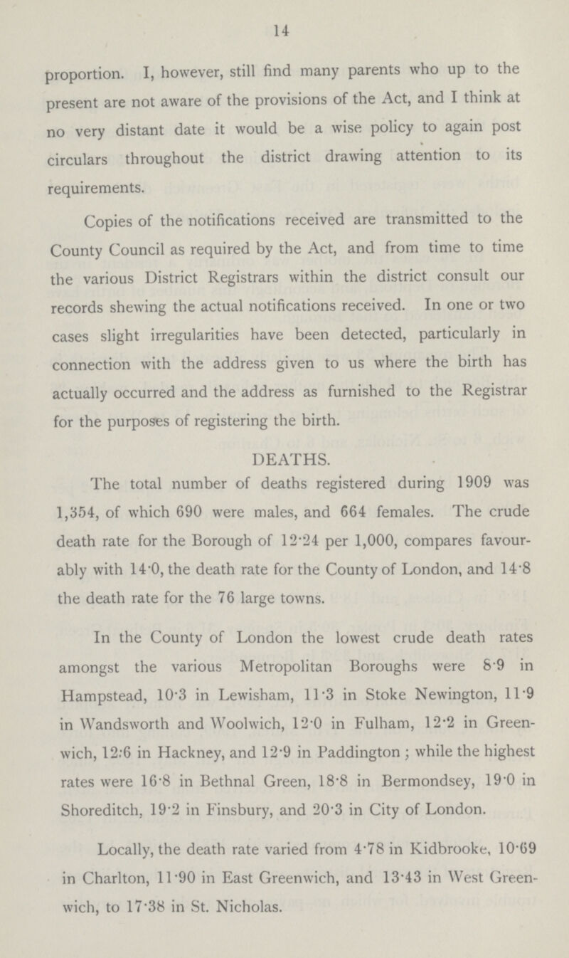14 proportion. I, however, still find many parents who up to the present are not aware of the provisions of the Act, and I think at no very distant date it would be a wise policy to again post circulars throughout the district drawing attention to its requirements. Copies of the notifications received are transmitted to the County Council as required by the Act, and from time to time the various District Registrars within the district consult our records shewing the actual notifications received. In one or two cases slight irregularities have been detected, particularly in connection with the address given to us where the birth has actually occurred and the address as furnished to the Registrar for the purposes of registering the birth. DEATHS. The total number of deaths registered during 1909 was 1,354, of which 690 were males, and 664 females. The crude death rate for the Borough of 12.24 per 1,000, compares favour ably with 14.0, the death rate for the County of London, and 14.8 the death rate for the 76 large towns. In the County of London the lowest crude death rates amongst the various Metropolitan Boroughs were 8.9 in Hampstead, 10.3 in Lewisham, 11.3 in Stoke Newington, ll.9 in Wandsworth and Woolwich, 12.0 in Fulham, 12.2 in Green wich, 12:6 in Hackney, and 12*9 in Paddington ; while the highest rates were 16.8 in Bethnal Green, 18.8 in Bermondsey, 19.0 in Shoreditch, 19.2 in Finsbury, and 20.3 in City of London. Locally, the death rate varied from 4.78 in Kidbrooke, 10.69 in Charlton, 11.90 in East Greenwich, and 13.43 in West Green wich, to 17 .38 in St. Nicholas.