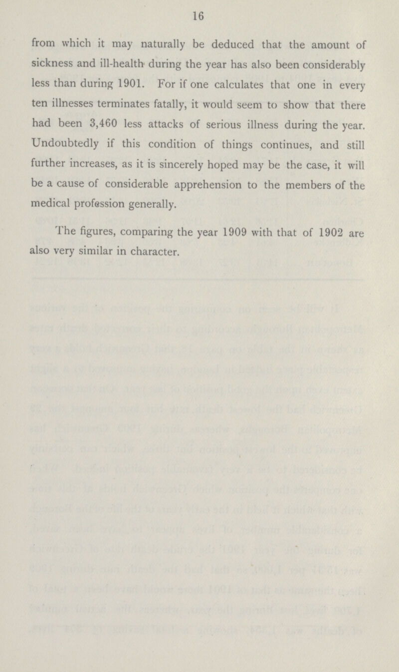 16 from which it may naturally be deduced that the amount of sickness and ill.health during the year has also been considerably less than during 1901. For if one calculates that one in every ten illnesses terminates fatally, it would seem to show that there had been 3,460 less attacks of serious illness during the year. Undoubtedly if this condition of things continues, and still further increases, as it is sincerely hoped may be the case, it will be a cause of considerable apprehension to the members of the medical profession generally. The figures, comparing the year 1909 with that of 1902 are also very similar in character.