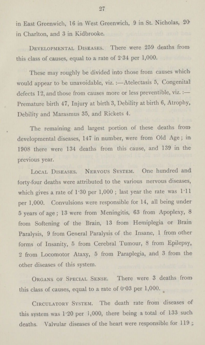 27 in East Greenwich, 16 in West Greenwich, 9 in St. Nicholas, 20 in Charlton, and 3 in Kidbrooke. Developmental Diseases. There were 259 deaths from this class of causes, equal to a rate of 2.34 per 1,000. These may roughly be divided into those from causes which would appear to be unavoidable, viz. :—Atelectasis 5, Congenital defects 12, and those from causes more or less preventible, viz.:— Premature birth 47, Injury at birth 3, Debility at birth 6, Atrophy, Debility and Marasmus 35, and Rickets 4. The remaining and largest portion of these deaths from developmental diseases, 147 in number, were from Old Age; in 1908 there were 134 deaths from this cause, and 139 in the previous year. Local Diseases. Nervous System. One hundred and forty-four deaths were attributed to the various nervous diseases, which gives a rate of 1.30 per 1,000 ; last year the rate was 1.11 per 1,000. Convulsions were responsible for 14, all being under 5 years of age; 13 were from Meningitis, 63 from Apoplexy, 8 from Softening of the Brain, 13 from Hemiplegia or Brain Paralysis, 9 from General Paralysis of the Insane, 1 from other forms of Insanity, 5 from Cerebral Tumour, 8 from Epilepsy, 2 from Locomotor Ataxy, 5 from Paraplegia, and 3 from the other diseases of this system. Organs of Special Sense. There were 3 deaths from this class of causes, equal to a rate of 0.03 per 1,000. Circulatory System. The death rate from diseases of this system was 1.20 per 1,000, there being a total of 133 such deaths. Valvular diseases of the heart were responsible for 119 ;.