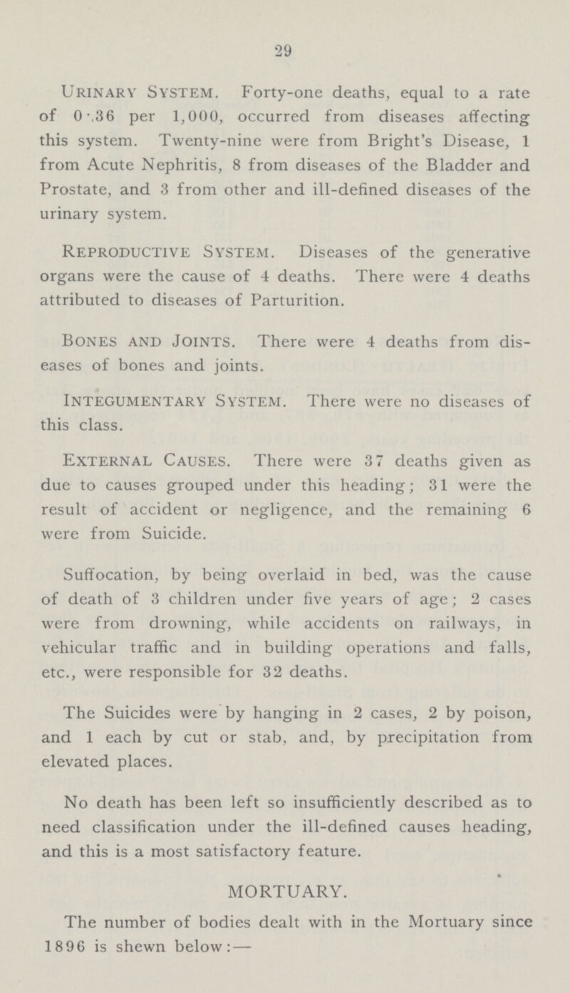 29 Urinary System. Forty-one deaths, equal to a rate of 0.36 per 1,000, occurred from diseases affecting this system. Twenty-nine were from Bright's Disease, 1 from Acute Nephritis, 8 from diseases of the Bladder and Prostate, and 3 from other and ill-defined diseases of the urinary system. Reproductive System. Diseases of the generative organs were the cause of 4 deaths. There were 4 deaths attributed to diseases of Parturition. Bones and Joints. There were 4 deaths from dis eases of bones and joints. Integumentary System. There were no diseases of this class. External Causes. There were 37 deaths given as due to causes grouped under this heading; 31 were the result of accident or negligence, and the remaining 6 were from Suicide. Suffocation, by being overlaid in bed, was the cause of death of 3 children under five years of age; 2 cases were from drowning, while accidents on railways, in vehicular traffic and in building operations and falls, etc., were responsible for 32 deaths. The Suicides were by hanging in 2 cases, 2 by poison, and 1 each by cut or stab, and, by precipitation from elevated places. No death has been left so insufficiently described as to need classification under the ill-defined causes heading, and this is a most satisfactory feature. MORTUARY. The number of bodies dealt with in the Mortuary since 1896 is shewn below: —