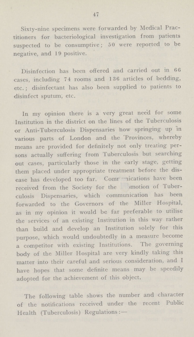 47 Sixty-nine specimens were forwarded by Medical Prac titioners for bacteriological investigation from patients suspected to be consumptive; 50 were reported to be negative, and 19 positive. Disinfection has been offered and carried out in 66 cases, including 74 rooms and 136 articles of bedding, etc.; disinfectant has also been supplied to patients to disinfect sputum, etc. In my opinion there is a very great need for some Institution in the district on the lines of the Tuberculosis or Anti-Tuberculosis Dispensaries how springing up in various parts of London and the Provinces, whereby means are provided for definitely not only treating per sons actually suffering from Tuberculosis but searching out cases, particularly those in the early stage, getting them placed under appropriate treatment before the dis ease has developed too far. Communications have been received from the Society for the motion of Tuber culosis Dispensaries, which communication has been forwarded to the Governors of the Miller Hospital, as in my opinion it would be far preferable to utilise the services of an existing Institution in this way rather than build and develop an Institution solely for this purpose, which would undoubtedly in a measure become a competitor with existing Institutions. The governing body of the Miller Hospital are very kindly taking this matter into their careful and serious consideration, and I have hopes that some definite means may be speedily adopted for the achievement of this object. The following table shows the number and character of the notifications received under the recent Public Health (Tuberculosis) Regulations: —