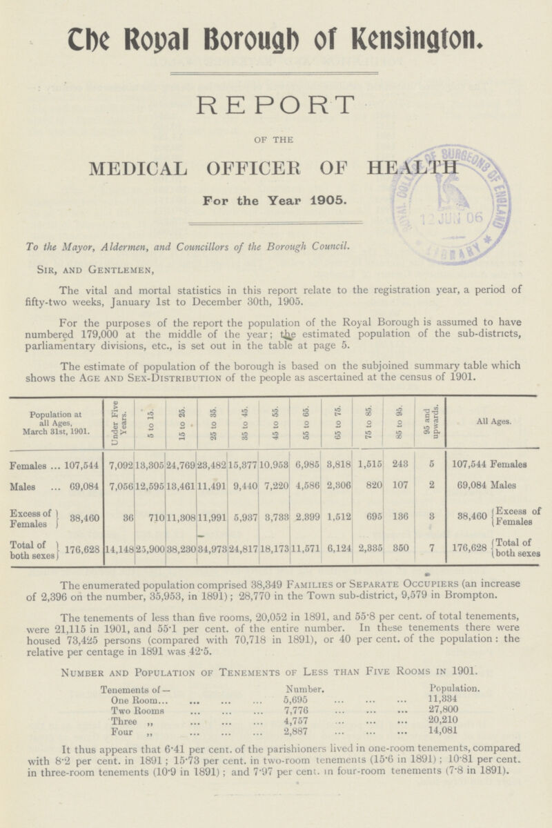 The Royal Borough of Kensington. REPORT of the MEDICAL OFFICER OF HEALTH For the Year 1905. To the Mayor, Aldermen, and Councillors of the Borough Council. Sir, and Gentlemen, The vital and mortal statistics in this report relate to the registration year, a period of fifty-two weeks, January 1st to December 30th, 1905. For the purposes of the report the population of the Royal Borough is assumed to have numbered 179,000 at the middle of the year; the estimated population of the sub-districts, parliamentary divisions, etc., is set out in the table at page 5. The estimate of population of the borough is based on the subjoined summary table which shows the Age and Sex-Distribution of the people as ascertained at the census of 1901. Population at all Ages, March 31st, 1901. Under Five Years. 5 to 15. 15 to 25. 25 to 35. 35 to 45. 45 to 55. 55 to 65. 65 to 75. 75 to 85. 85 to 95. 95 and upwards. All Ages. Females 107,544 7,092 13,305 24,769 23,482 15,377 10,953 6,985 3,818 1,515 243 5 107,544 Females Males 69,084 7,056 12,595 13,461 11,491 9,440 7,220 4,586 2,306 820 107 2 69,084 Males Excess of Females 38,460 36 710 11,308 11,991 5,937 3,733 2,399 1,512 695 136 3 38,460 Excess of Females Total of both sexes 176,628 14,148 25,900 38,230 34,973 24,817 18,173 11,571 6,124 2,335 350 7 176,628 Total of both sexes The enumerated population comprised 38,349 Families or Separate Occupiers (an increase of 2,396 on the number, 35,953, in 1891); 28,770 in the Town sub-district, 9,579 in Brompton. The tenements of less than five rooms, 20,052 in 1891, and 55.8 per cent, of total tenements, were 21,115 in 1901, and 55.1 per cent, of the entire number. In these tenements there were housed 73,425 persons (compared with 70,718 in 1891), or 40 per cent. of the population: the relative per centage in 1891 was 42.5. Number and Population of Tenements of Less than Five Rooms in 1901. Tenements of — Number. Population. One Room 5,695 11,334 Two Rooms 7,776 27,800 Three ,, 4,757 20,210 Four „ 2,887 14,081 It thus appears that 6.41 per cent. of the parishioners lived in one-room tenements, compared with 8.2 per cent. in 1891; 15.73 per cent. in two-room tenements (15.6 in 1891); 10.81 per cent. in three-room tenements (10.9 in 1891); and 7.97 per cent. In four-room tenements (7.8 in 1891).