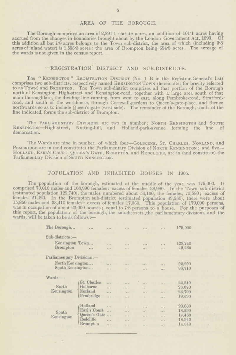 5 AREA OF THE BOROUGH. The Borough comprises an area of 2.291.1 statute acres, an addition of 101.1 acres having accrued from the changes in boundaries brought about by the London Government Act, 1899. Of this addition all but 1.8 acres belongs to the Town sub-district, the area of which (including 3.8 acres of inland water) is 1,596.3 acres ; the area of Brompton being 694.8 acres. The acreage of the wards is not given in the census report. REGISTRATION DISTRICT AND SUB-DISTRICTS. The Kensington Registration District (No. 1 B in the Registrar-General's list) comprises two sub-districts, respectively named Kensington Town (hereinafter for brevity referred to as Town) and Brompton. The Town sub-district comprises all that portion of the Borough north of Kensington High-street and Kensington-road, together with a large area south of that main thoroughfare, the dividing line running, from west to east, along Pembroke-road, Stratford road, and south of the workhouse, through Cornwall-gardens to Queen's-gate-place, and thence northwards so as to include Queen's-gate (west side). The remainder of the Borough, south of the line indicated, forms the sub-district of Brompton. The Parliamentary Divisions are two in number; North Kensington and South Kensington—High-street, Notting-hill, and Holland-park-avenue forming the line of demarcation. The Wards are nine in number, of which four—Golborne, St. Charles, Norland, and Pembridge are in (and constitute) the Parliamentary Division of North Kensington ; and five— Holland, Earl's Court, Queen's Gate, Brompton, and Redcliffe, are in (and constitute) the Parliamentary Division of South Kensington. POPULATION AND INHABITED HOUSES IN 1905. The population of the borough, estimated at the middle of the year, was 179,000. It comprised 70,010 males and 108,990 females: excess of females, 38,980. In the Town sub-district (estimated population 129,740), the males numbered about 54,160, the females, 75,580; excess of females, 21,420. In the Brompton sub-district (estimated population 49,260), there were about 15,850 males and 33,410 females: excess of females 17,560. This population of 179,000 persons, was in occupation of about 23,000 houses ; equal to 7.8 persons to a house. For the purposes of this report, the population of the borough, the sub-districts,.the parliamentary divisions, and the wards, will be taken to be as follows The Borough 179,000 Sub-districts:— Kensington Town 129,740 Brompto 49,260 Parliamentary Divisions:— North Kensington 92,290 South Kensington 86,710 Wards :— [St. Charles 22,240 North kensington Golborne 26,670 norland 23,790 pembridge 19,590 South Kensington Holland 20,680 19,590 Earl's Court 18,290 queen's Gate 14,460 Redeliffe 18,940 Brompton 14,340